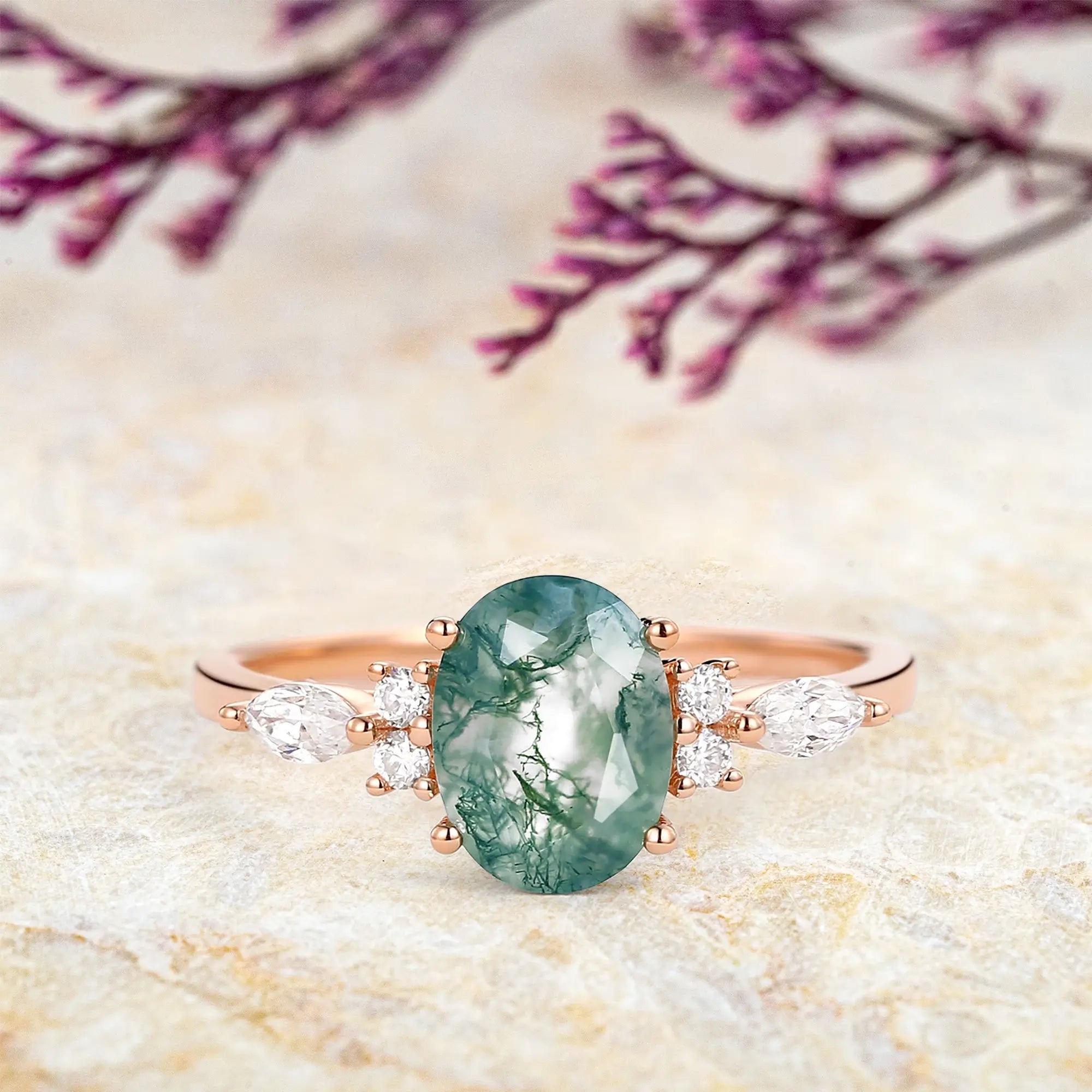 Custom Rose Gold Oval Moss Agate Cluster Ring – Classic Engagement Rings For women