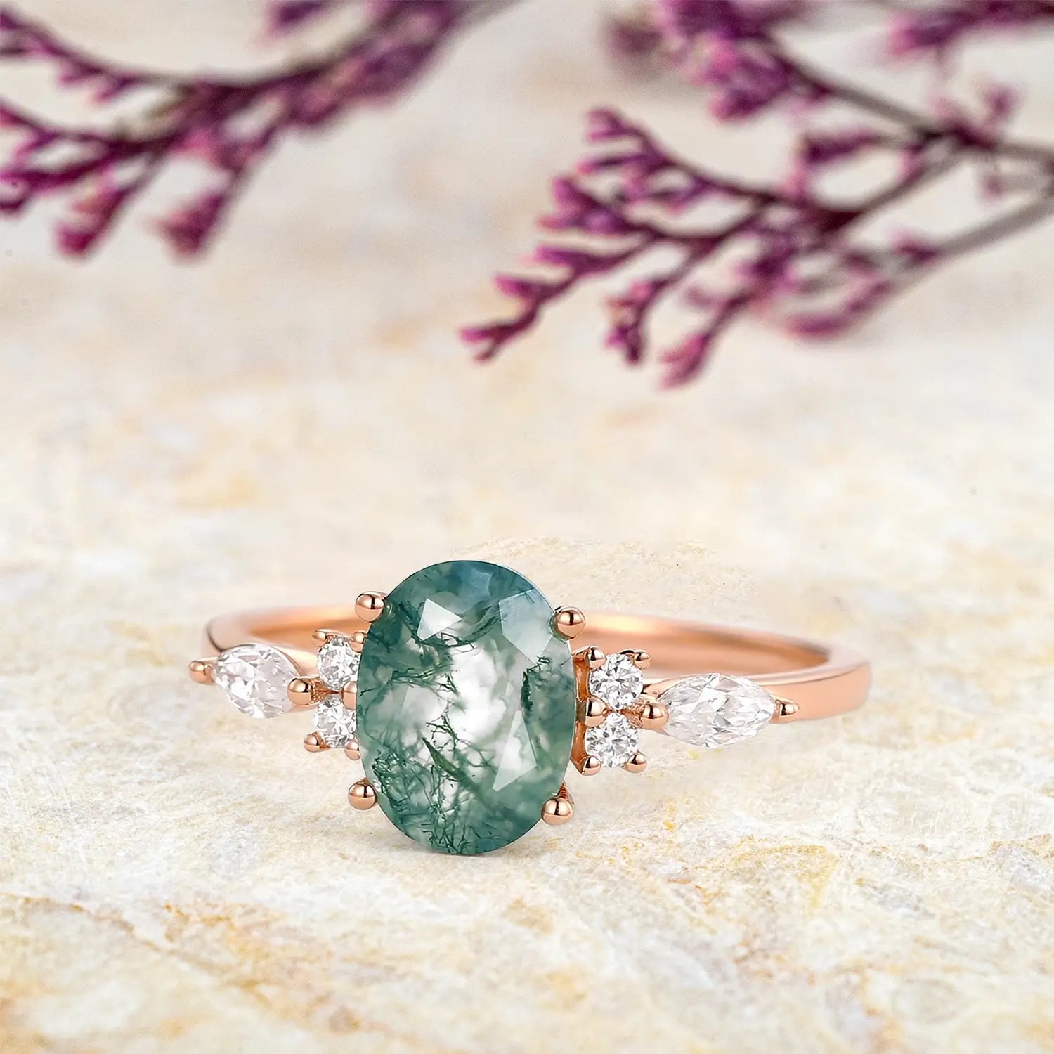 Custom Rose Gold Oval Moss Agate Cluster Ring – Classic Engagement Rings For women