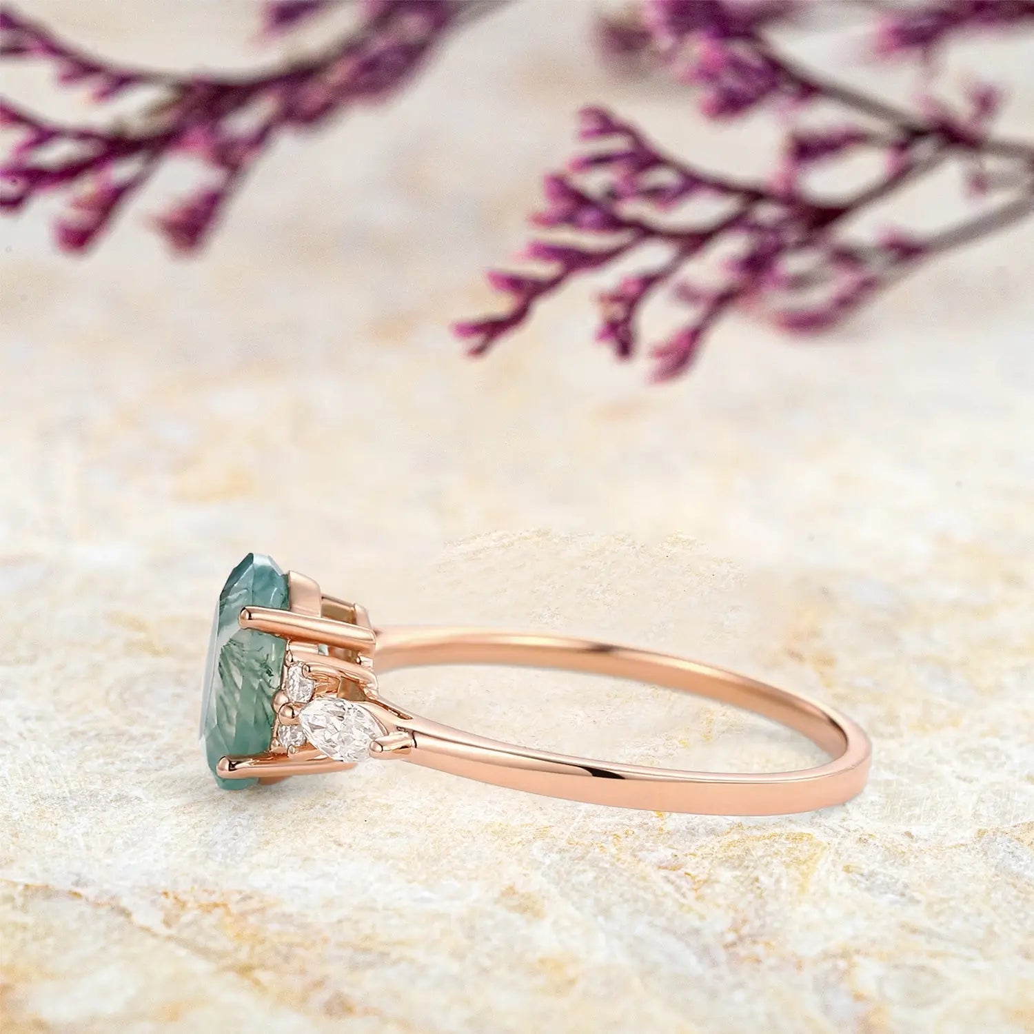 Custom Rose Gold Oval Moss Agate Cluster Ring – Classic Engagement Rings For women