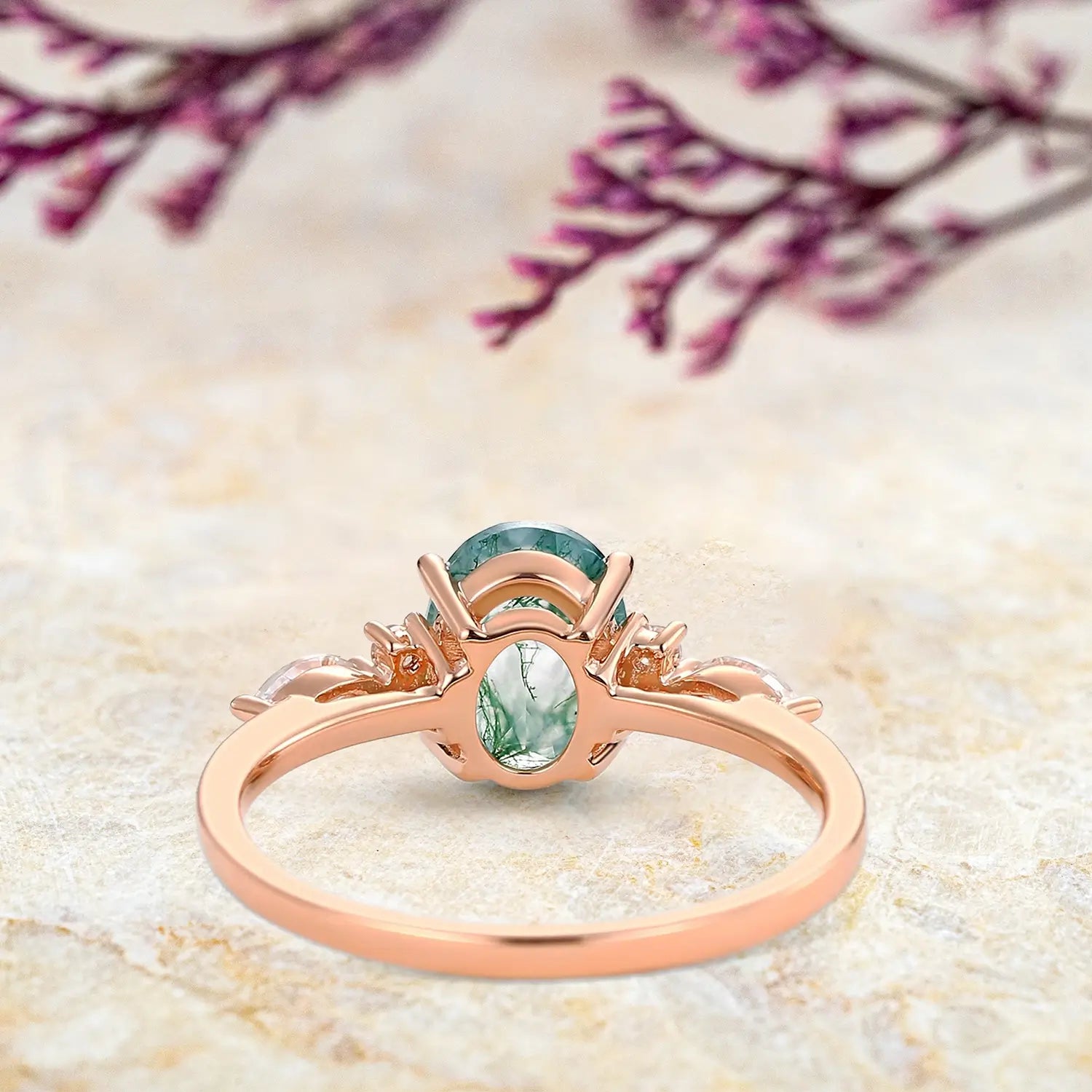 Custom Rose Gold Oval Moss Agate Cluster Ring – Classic Engagement Rings For women