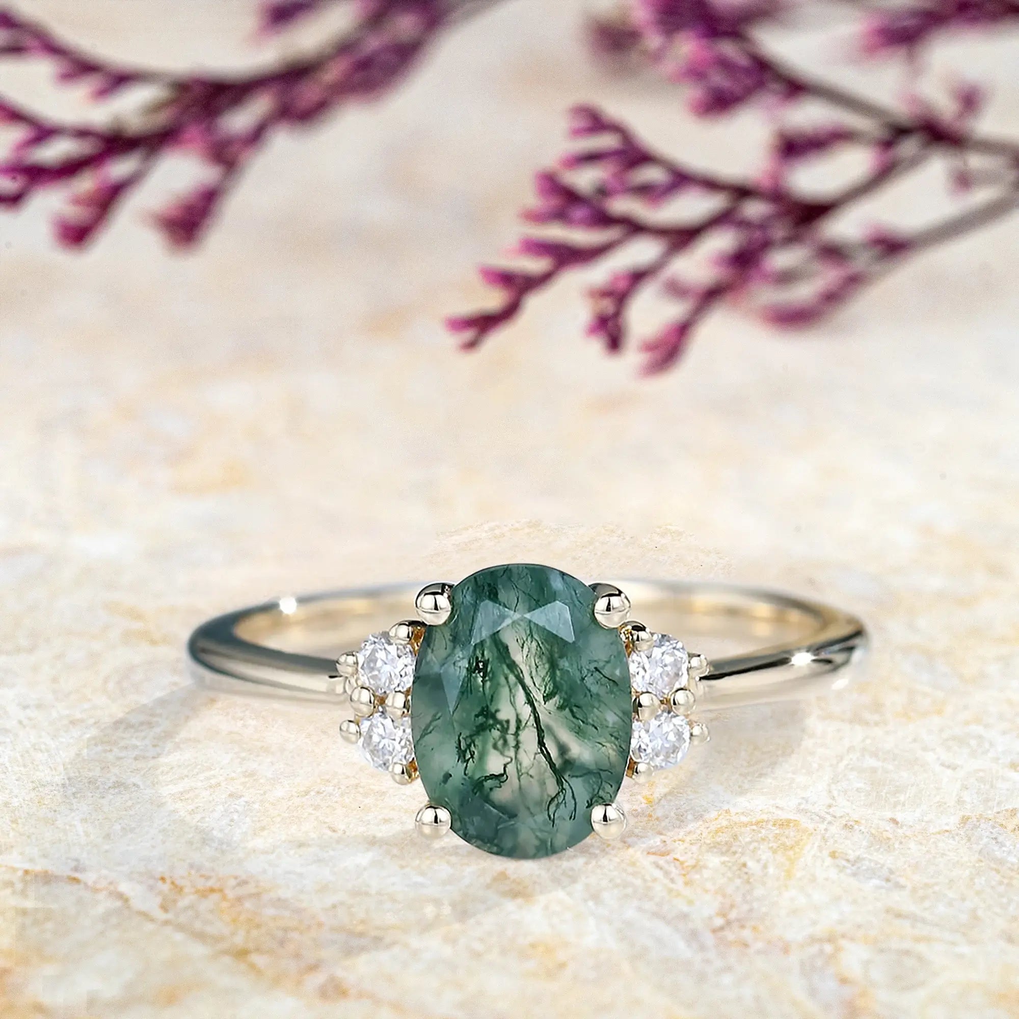 Rose gold Oval Moss Agate Engagement Ring with Moissanite Accents Minimalist Cluster Rings
