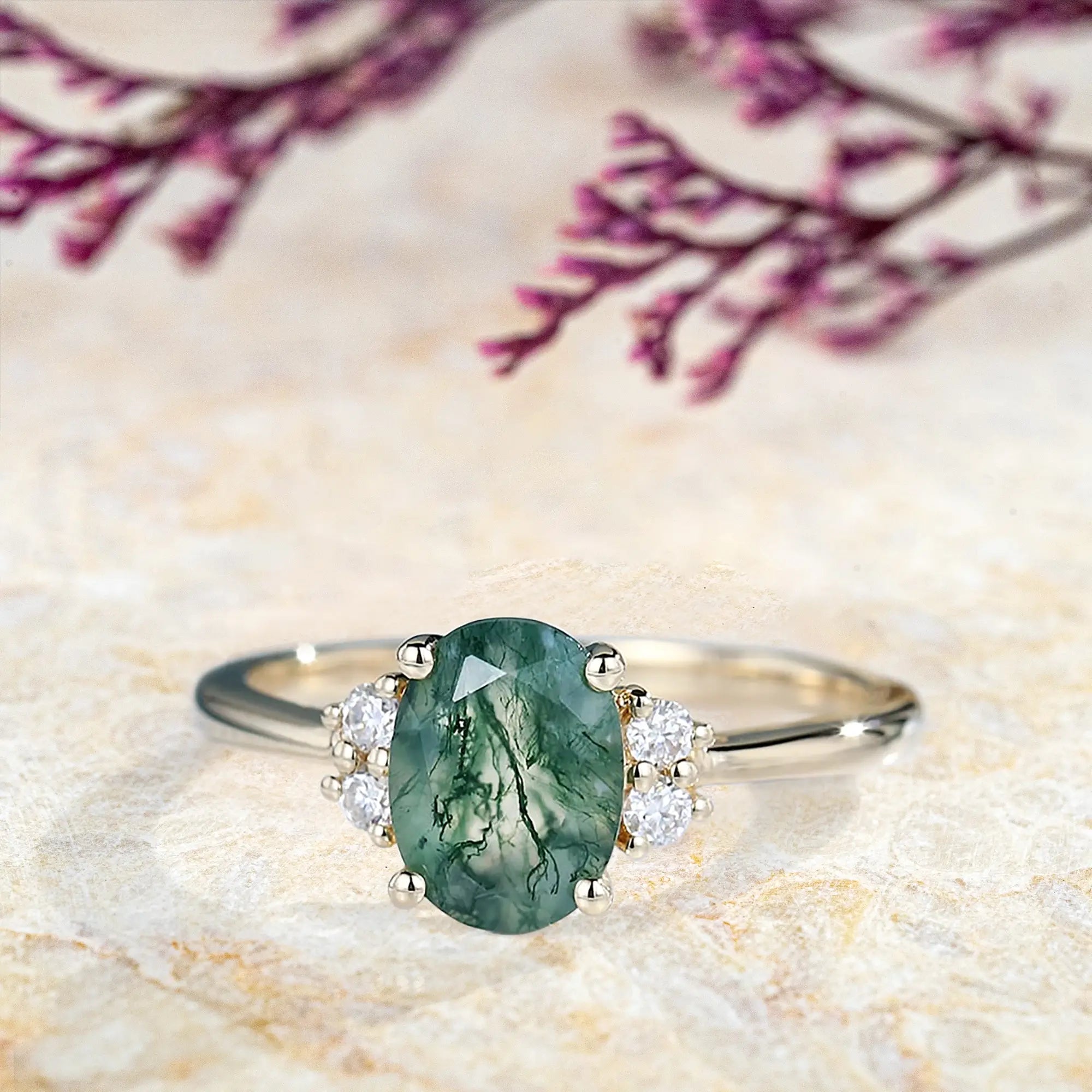 custom Rose gold Oval Moss Agate Engagement Ring with Moissanite Accents Minimalist Cluster Rings for women