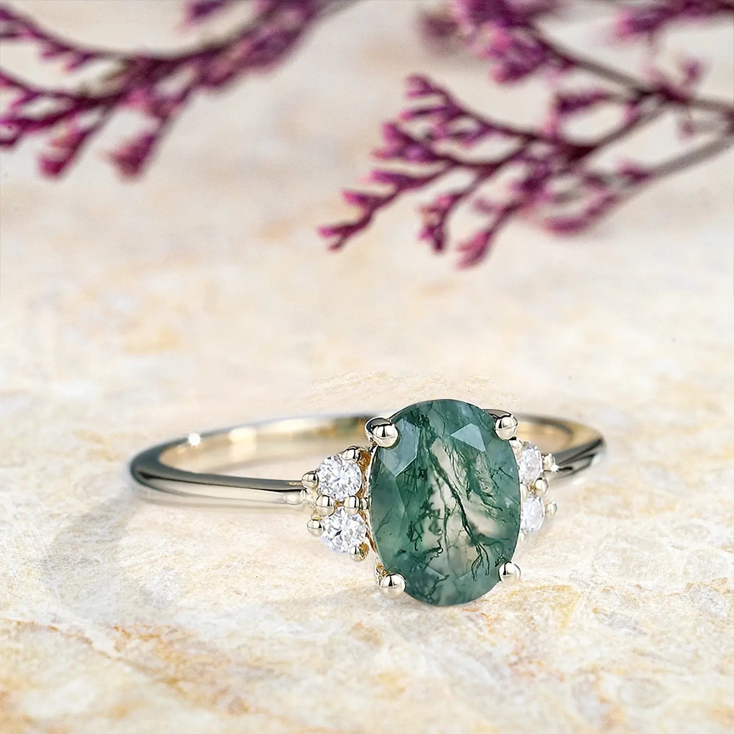 custom Rose gold Oval Moss Agate Engagement Ring with Moissanite Accents Minimalist Cluster Rings for women