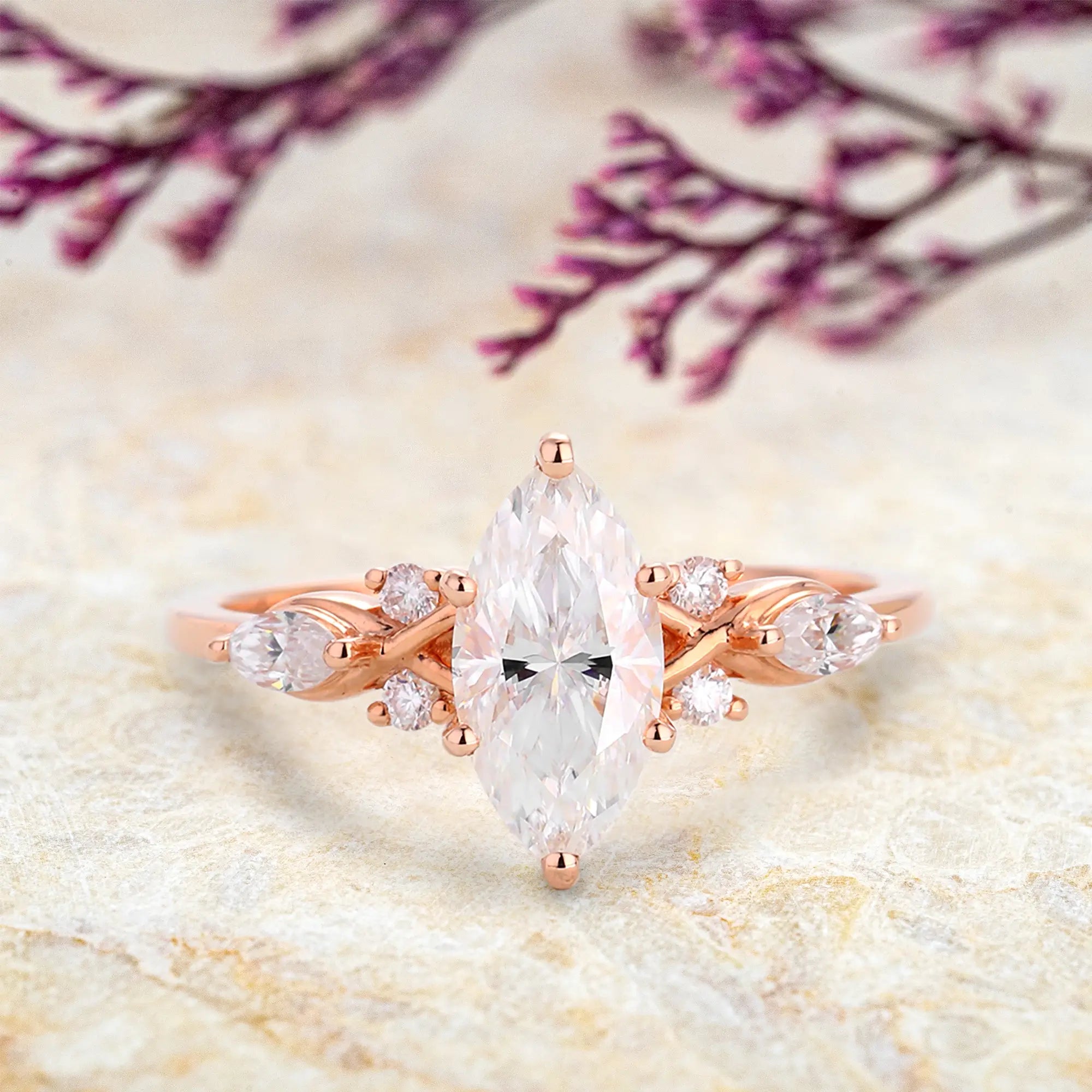 Rose Gold Marquise Moissanite Engagement Rings – Minimalist Thin Band