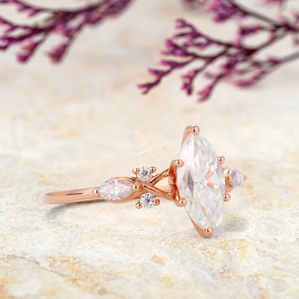 CUSTOM Rose Gold Marquise Moissanite Engagement Ring – Minimalist Thin Band for women gift