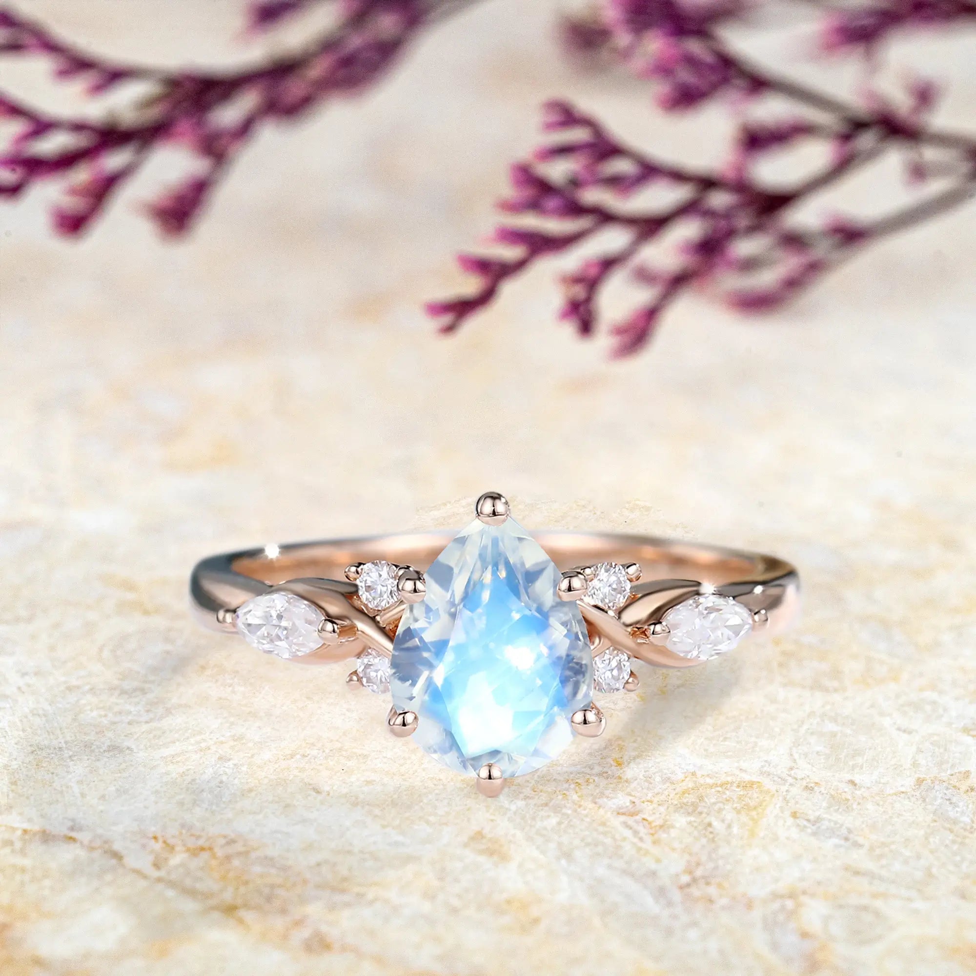 Pear Shaped Moonstone Engagement Ring – Custom Modern Birthstone Rings anniversary gift for women