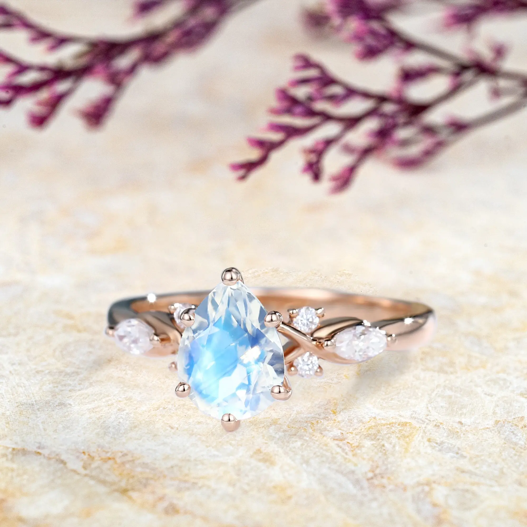 Pear Shaped Moonstone Engagement Ring – Custom Modern Birthstone Rings anniversary gift for women