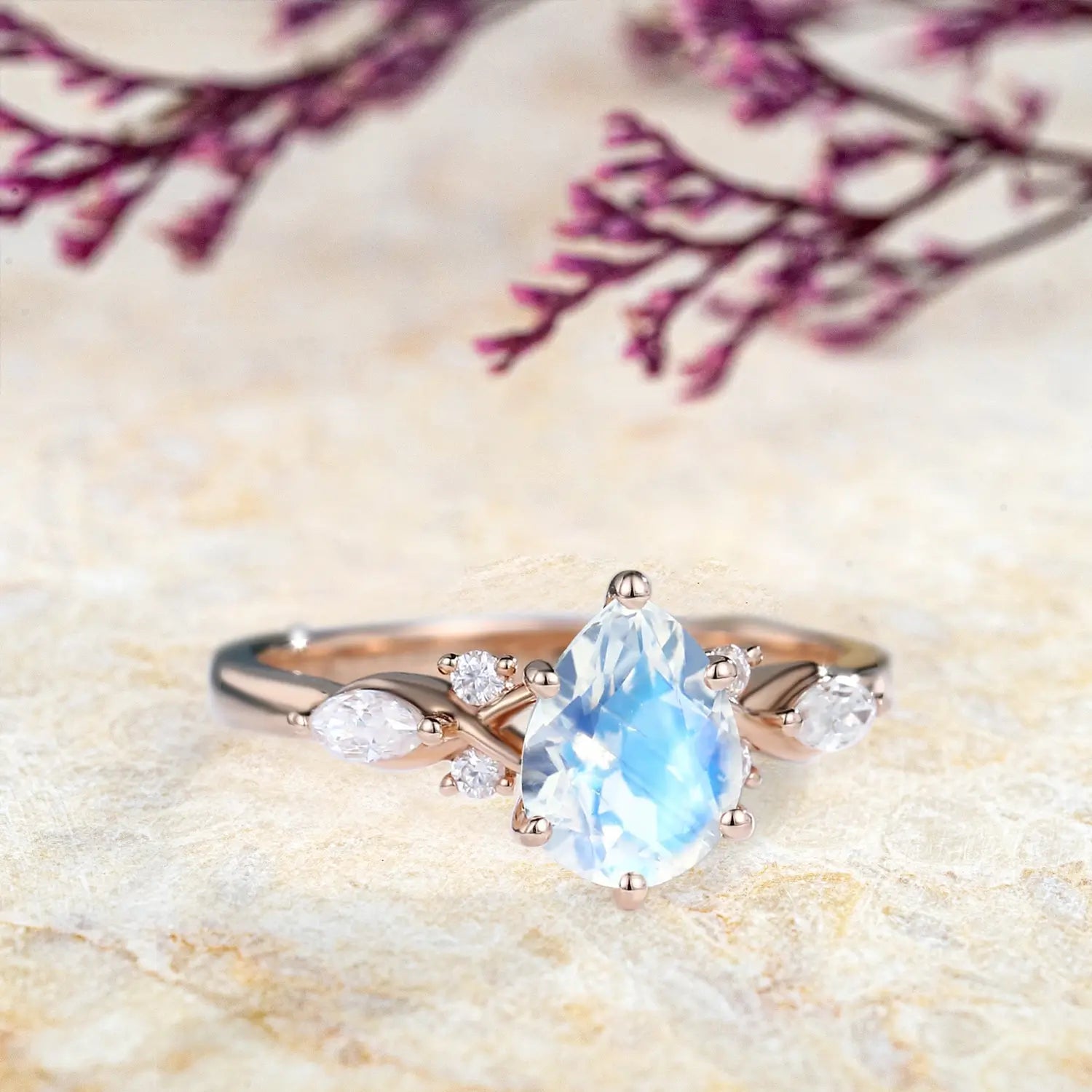 Pear Shaped Moonstone Engagement Ring – Custom Modern Birthstone Rings anniversary gift for women