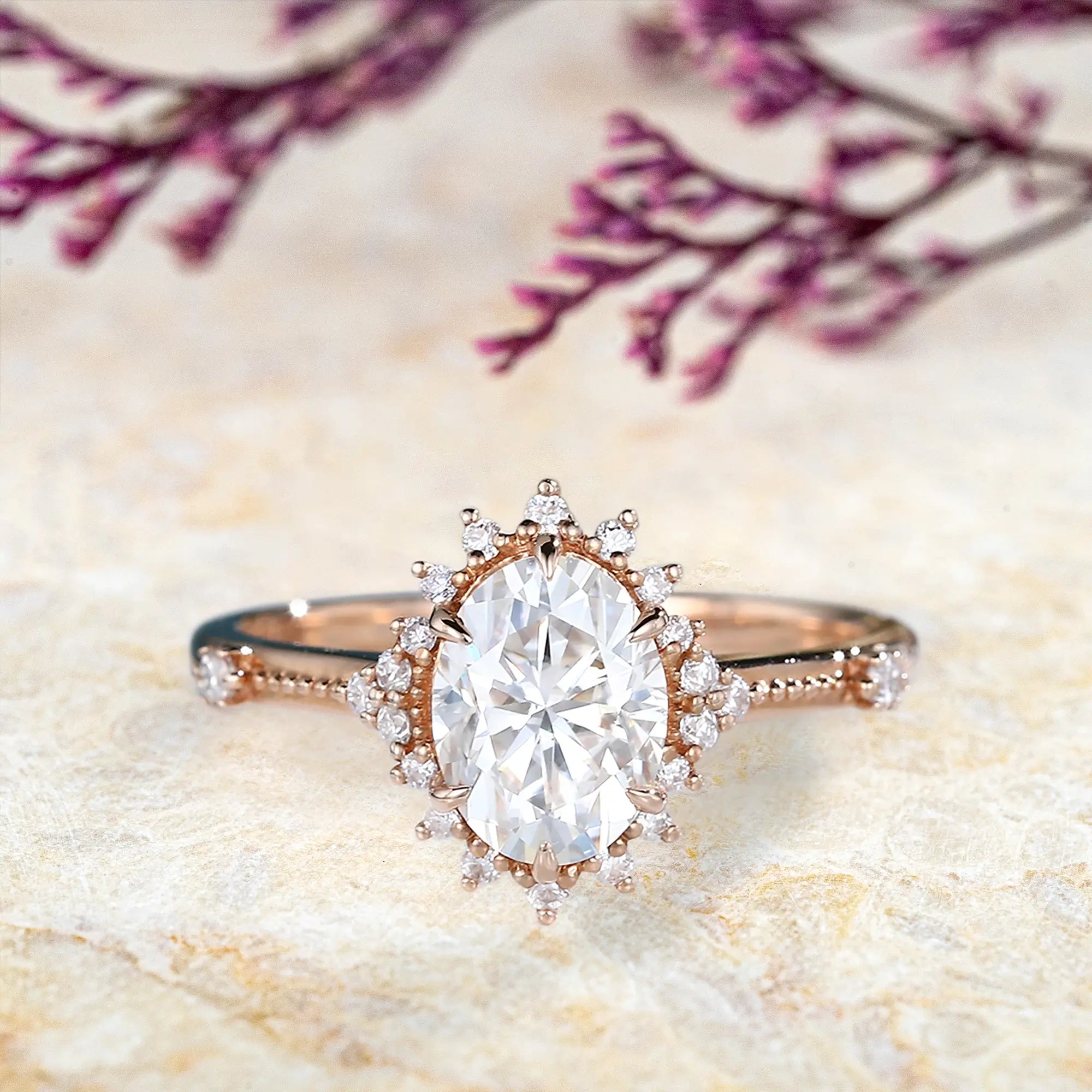 Oval Moissanite Engagement Ring 14K Vintage Halo Rings Orleone