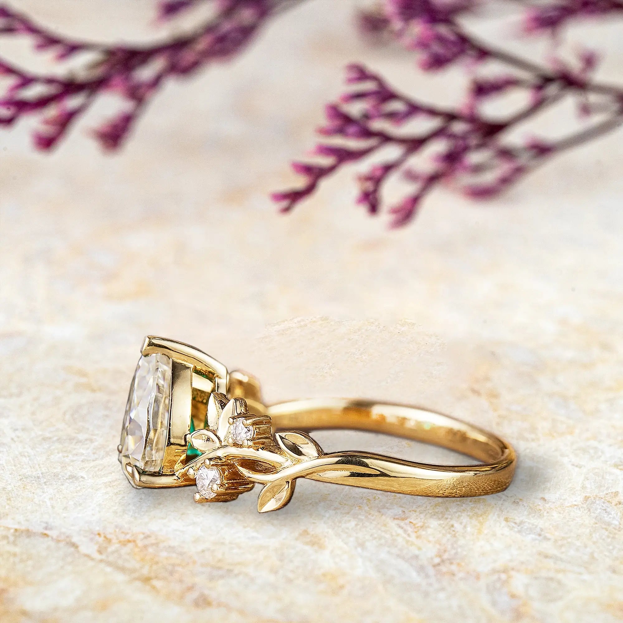 Pear Cut Moissanite Engagement Ring – Nature-Inspired 14K Gold Leaf Rings for women gift custom handmade jewelry