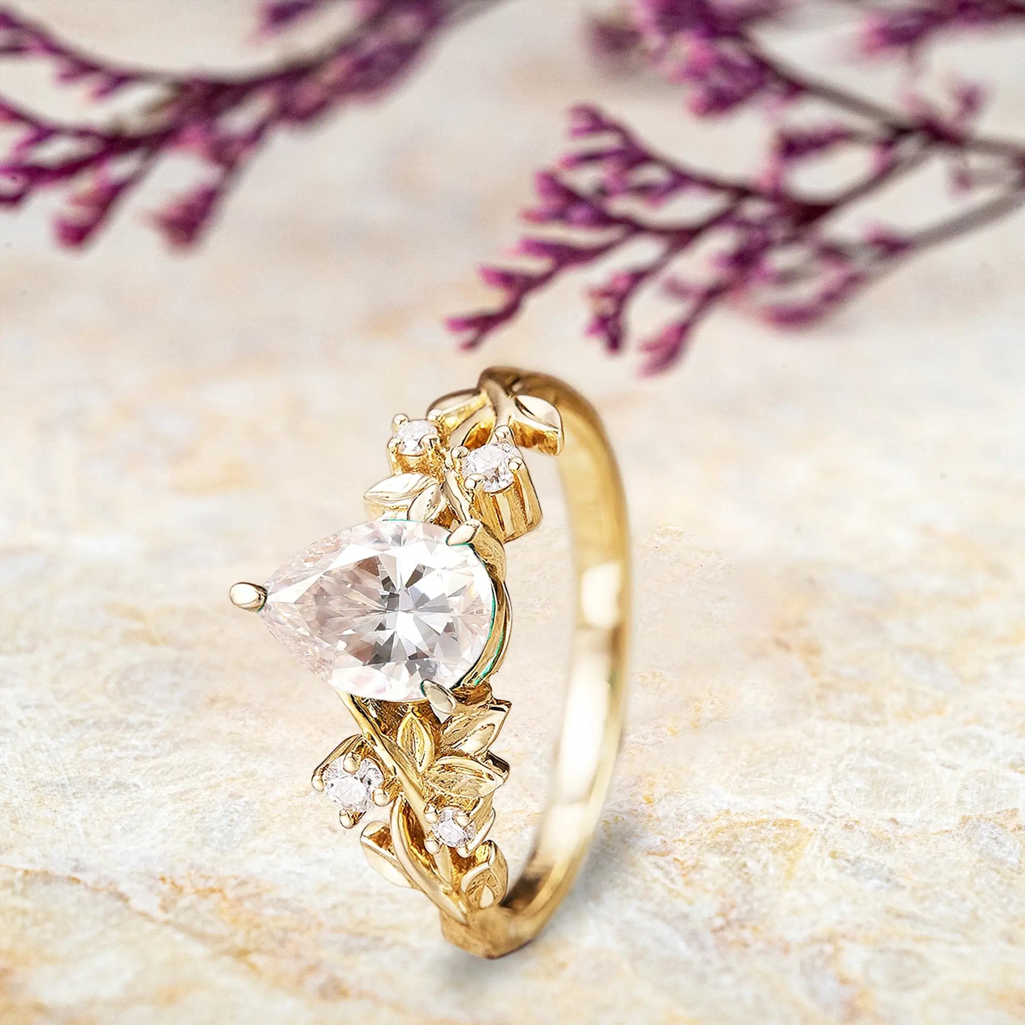 Pear Cut Moissanite Engagement Ring – Nature-Inspired 14K Gold Leaf Rings for women gift custom handmade jewelry