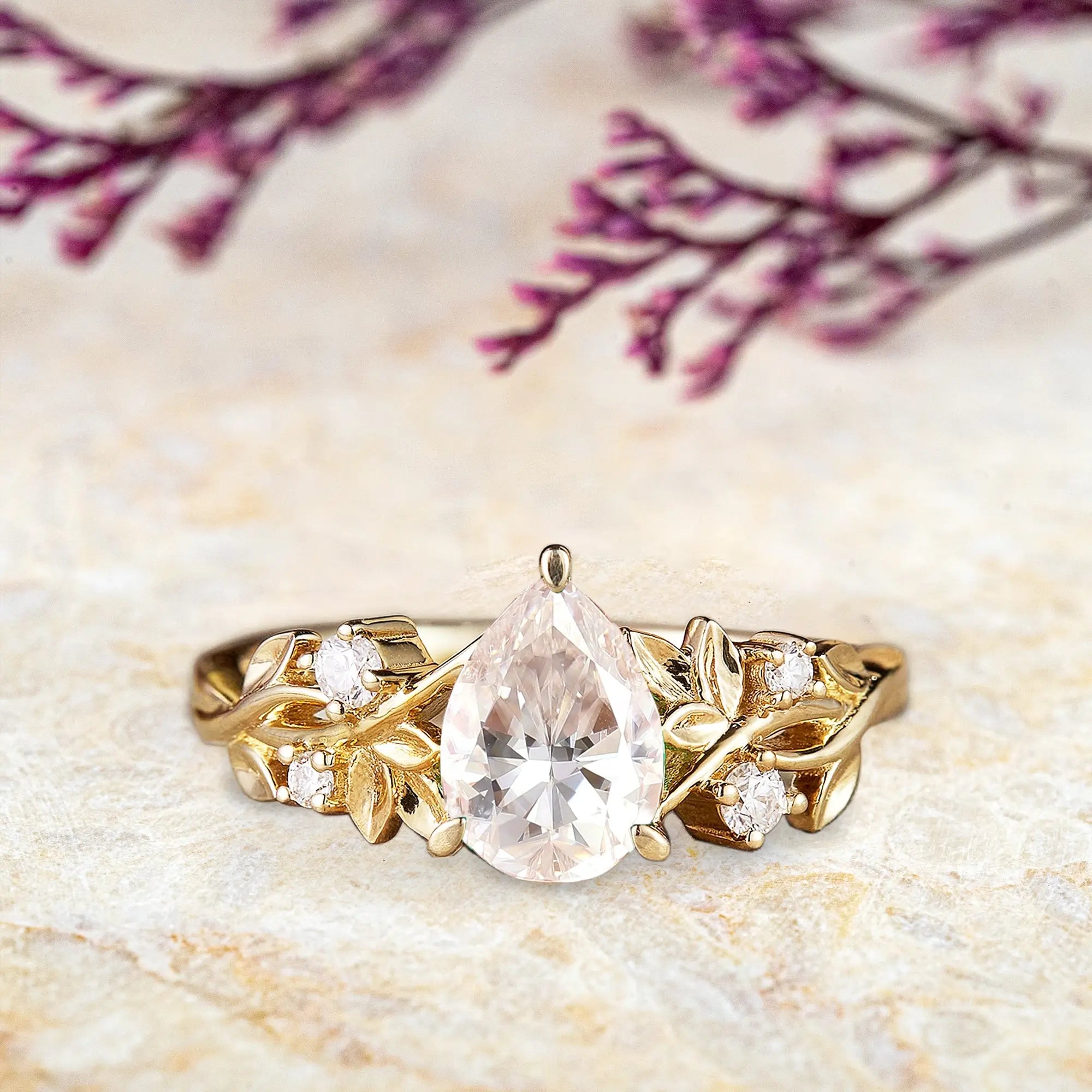 Pear Cut Moissanite Engagement Ring – Nature-Inspired 14K Gold Leaf Rings