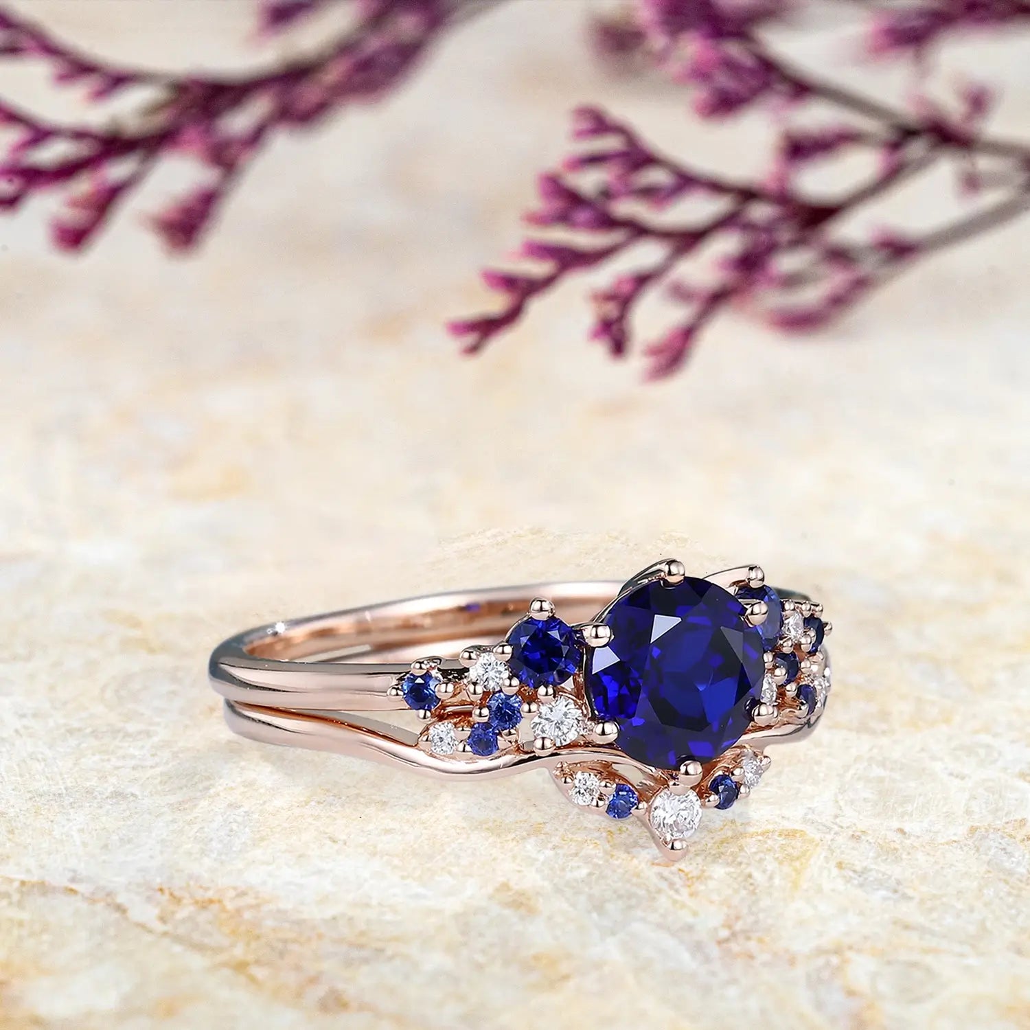 14K Rose Gold Lab Sapphire Bridal Set Cluster Engagement & Wedding Rings handmade custom anniversary rings