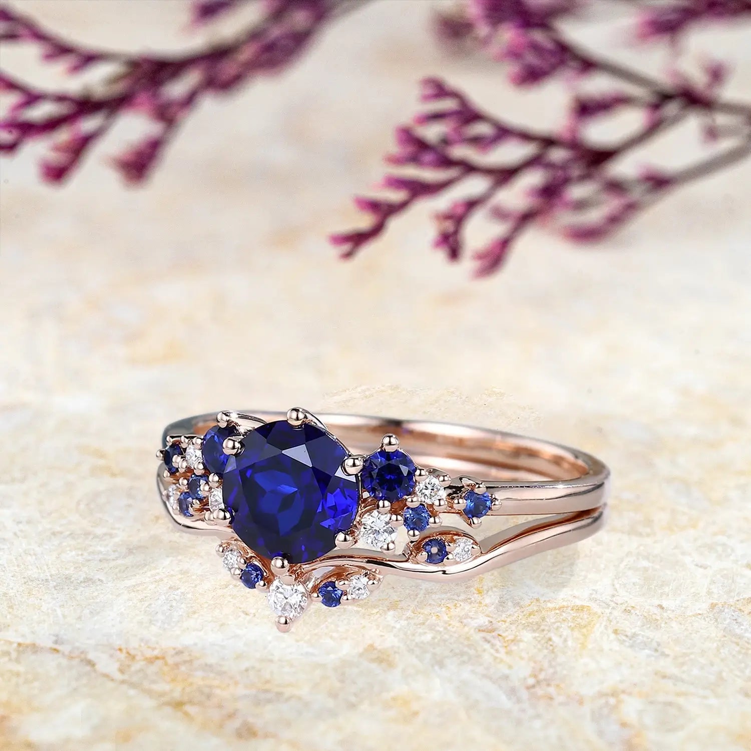 14K Rose Gold Lab Sapphire Bridal Set Cluster Engagement & Wedding Rings handmade custom anniversary rings