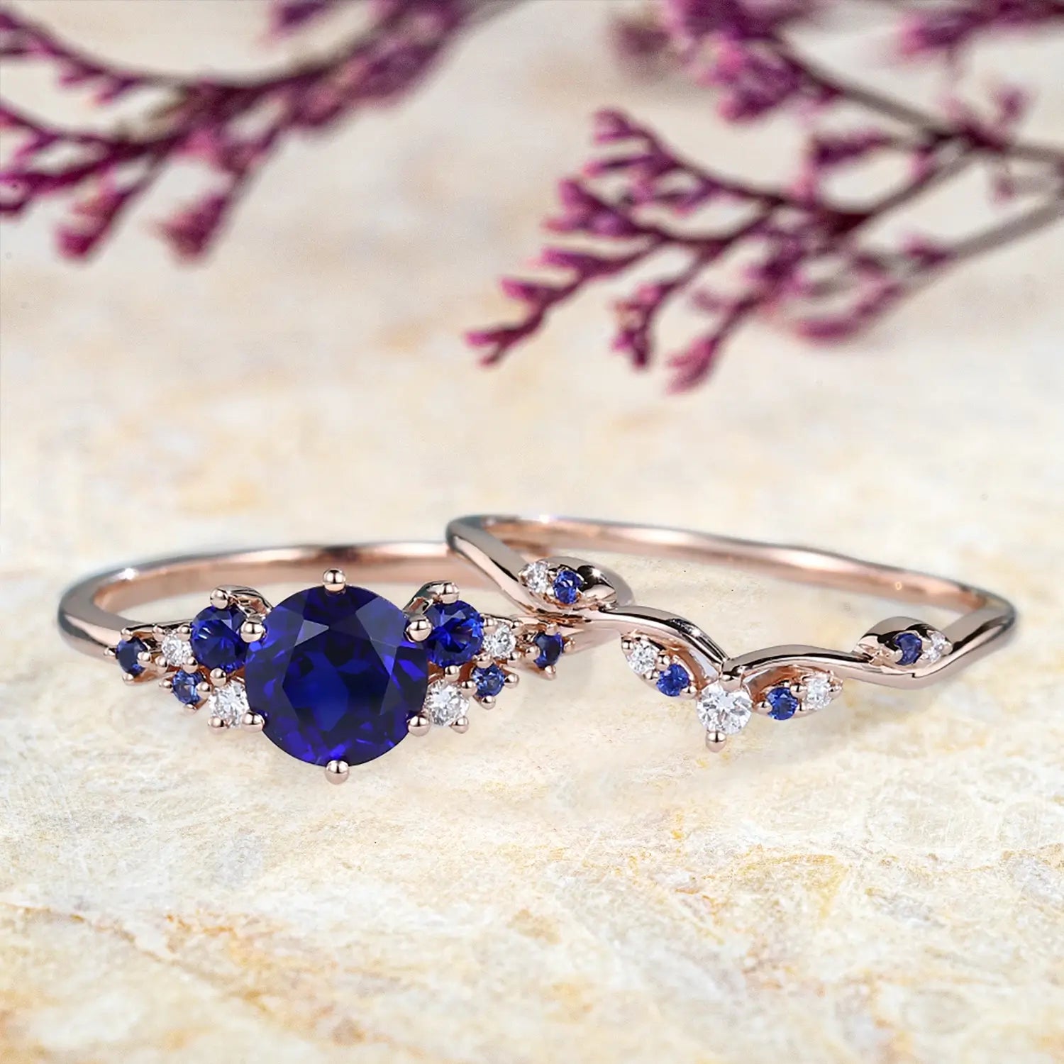 14K Rose Gold Lab Sapphire Bridal Set Cluster Engagement & Wedding Rings handmade custom anniversary rings