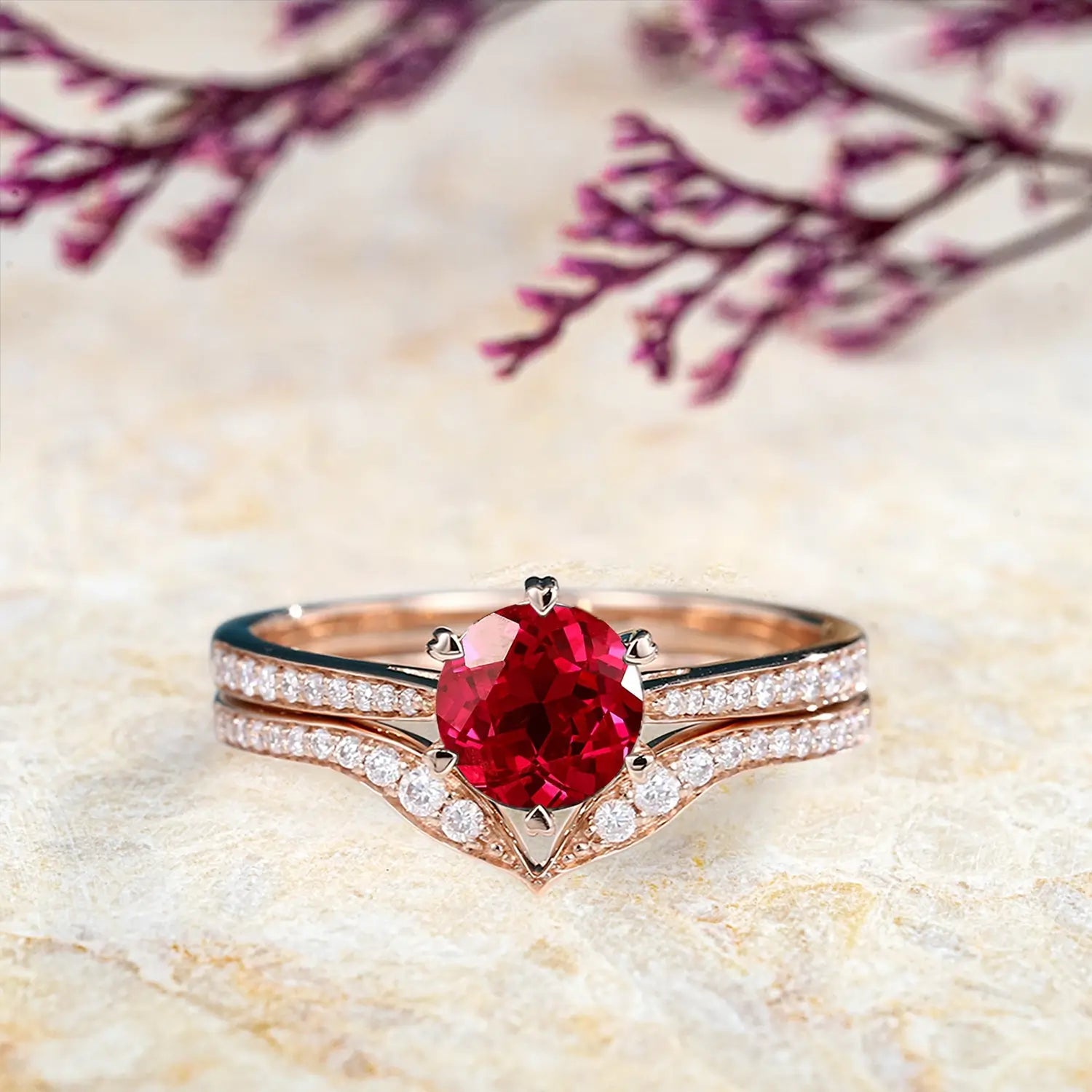 14K Rose Gold Ruby Engagement Ring Set Custom Vintage Bridal Rings anniversary gift July birthstone
