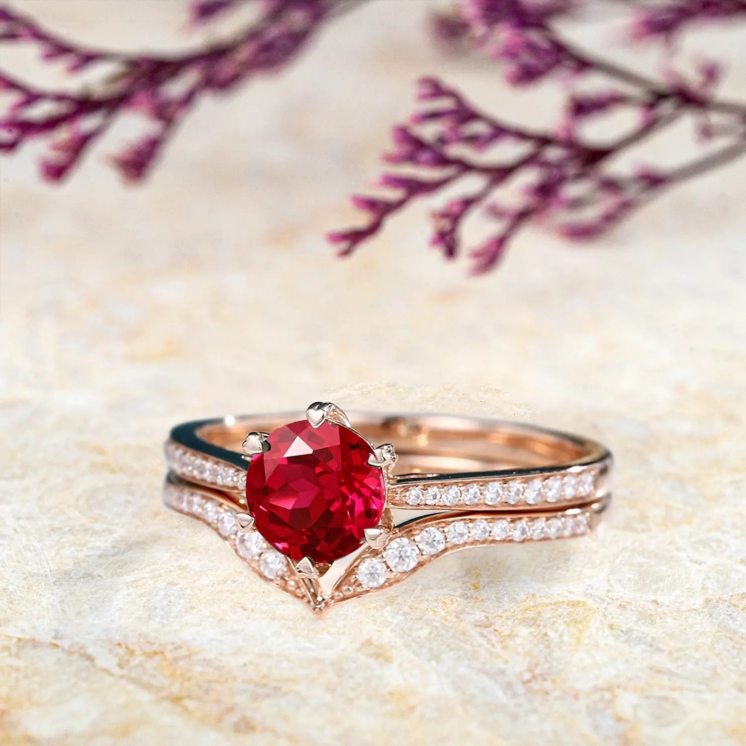 14K Rose Gold Ruby Engagement Ring Set Custom Vintage Bridal Rings anniversary gift July birthstone