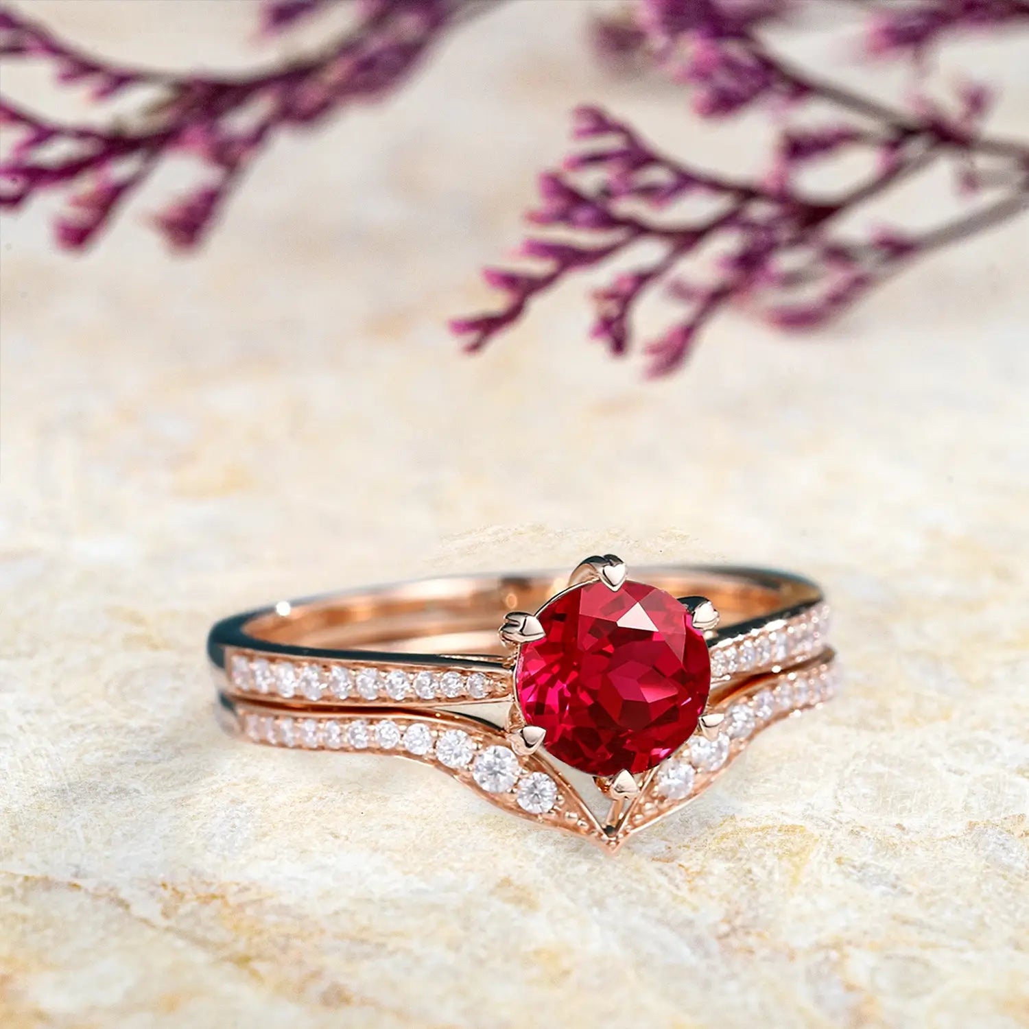 14K Rose Gold Ruby Engagement Ring Set Custom Vintage Bridal Rings anniversary gift July birthstone
