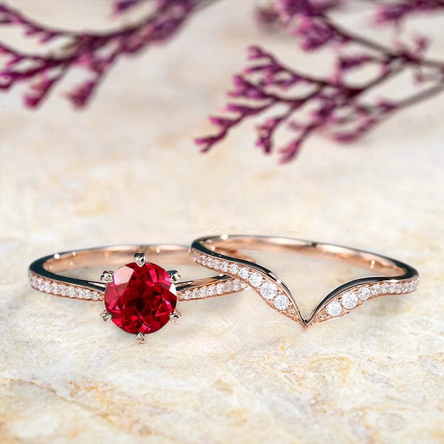 Anillo de Compromiso de Rubí en Oro Rosa de 14K – Anillos de Novia Vintage