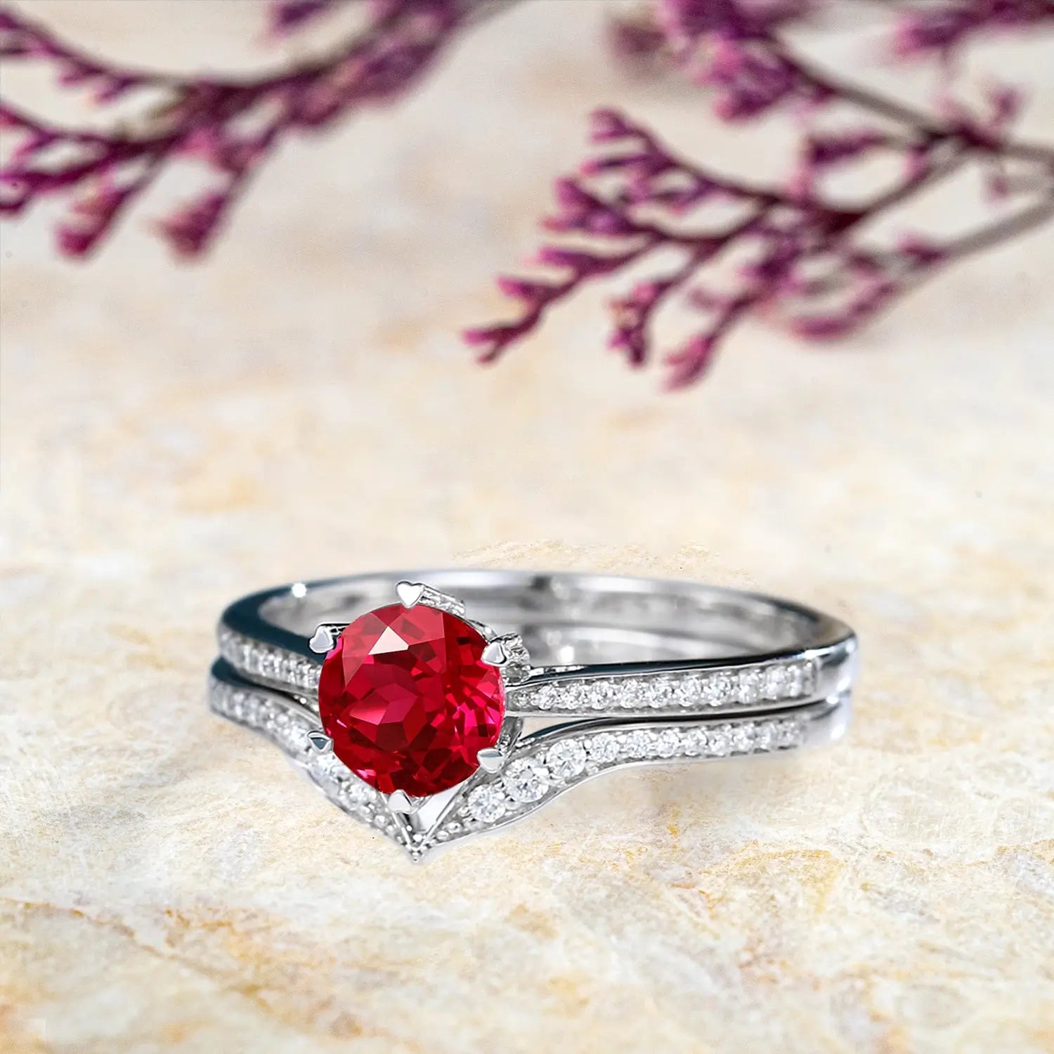 14K Rose Gold Ruby Engagement Ring Set Custom Vintage Bridal Rings anniversary gift July birthstone white gold