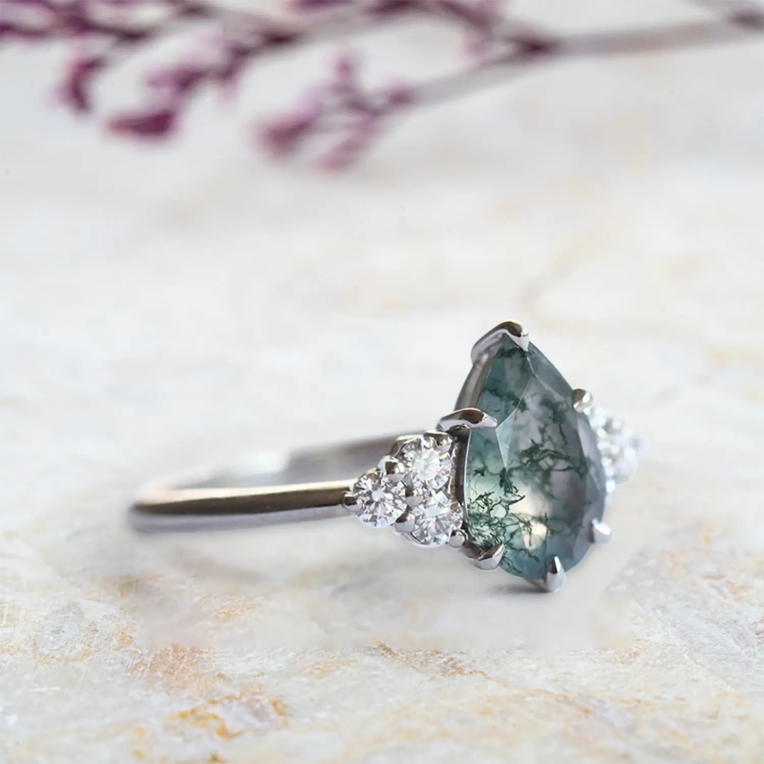 custom Pear Moss Agate Engagement Rings – 14K White Gold Cluster Ring orleone