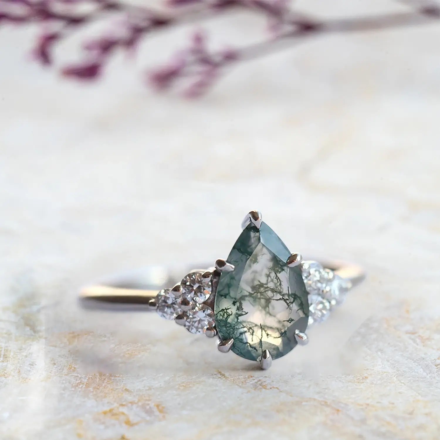 custom Pear Moss Agate Engagement Rings – 14K White Gold Cluster Ring orleone
