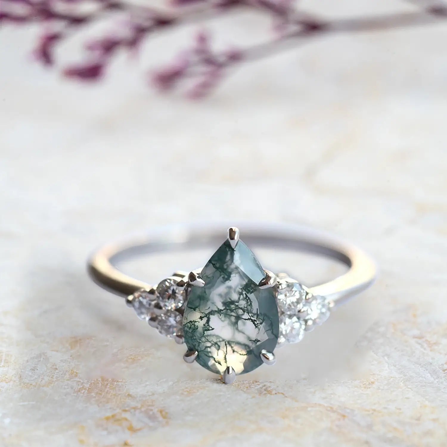 custom Pear Moss Agate Engagement Rings – 14K White Gold Cluster Ring orleone