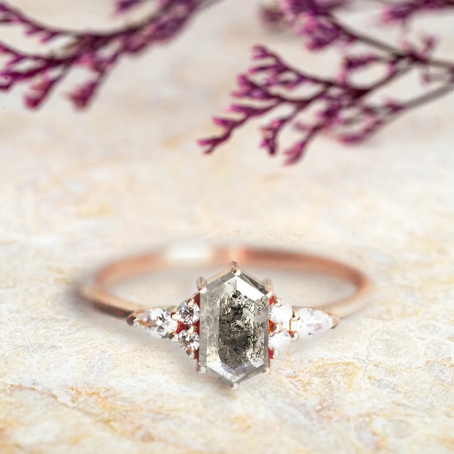 Hexagon Salt and Pepper Diamond Rings Custom Unique luxur 14K rose Gold Cluster Ring for women gift