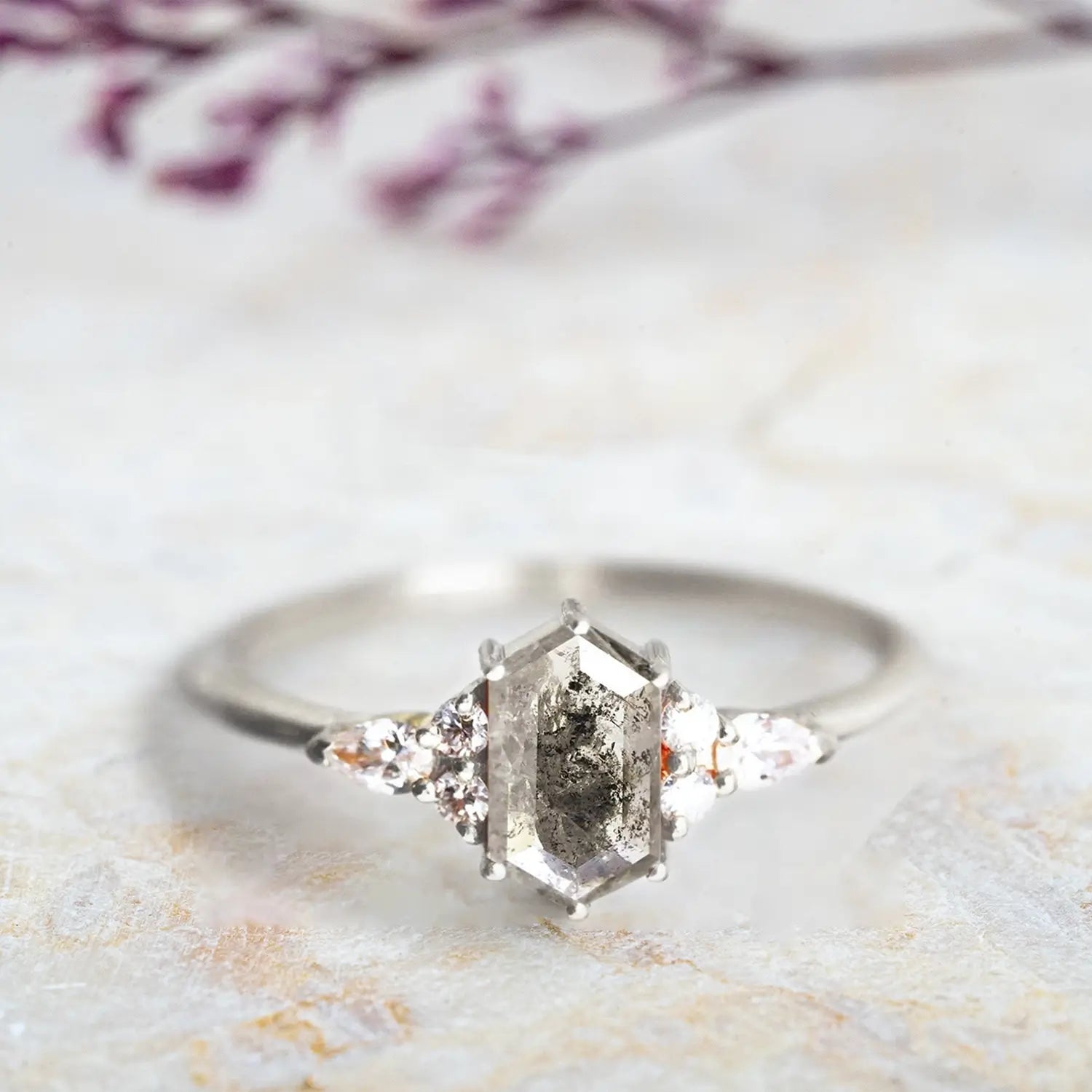 Hexagon Salt and Pepper Diamond Rings Custom Unique luxur 14K white Gold Cluster Ring for women gift