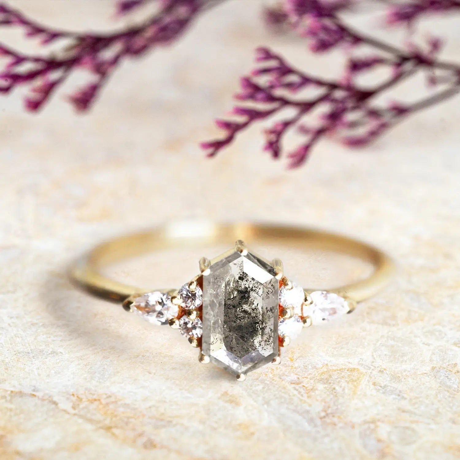 Hexagon Salt and Pepper Diamond Rings Custom 14K Gold Cluster Ring Unique luxury gold ring