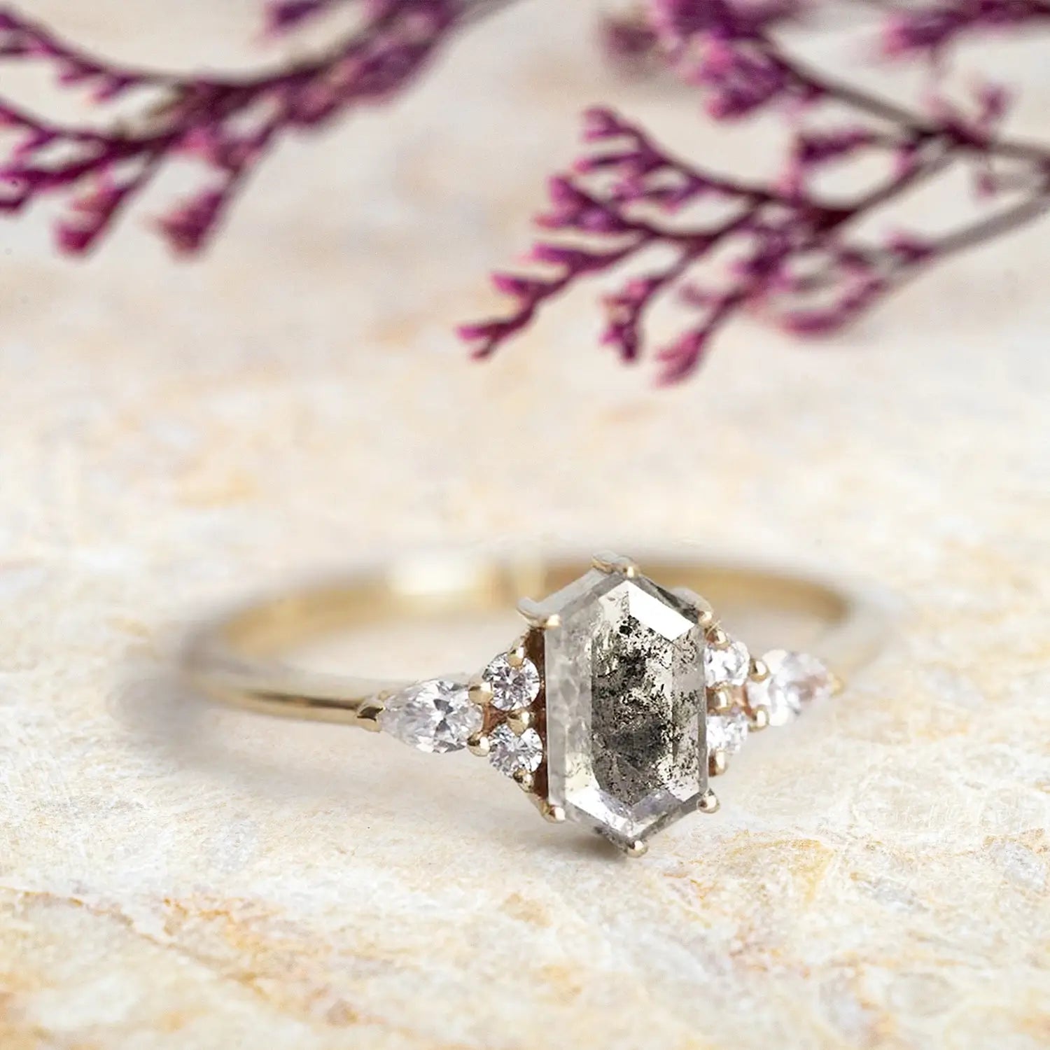 Hexagon Salt and Pepper Diamond Rings Custom Unique luxur 14K rose Gold Cluster Ring for women gift