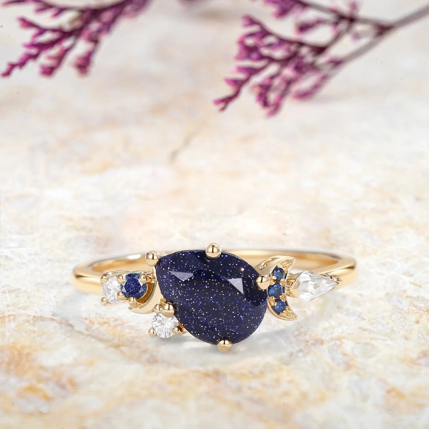 Crescent Moon Blue Sandstone Engagement Ring – Art Deco Cluster Rings