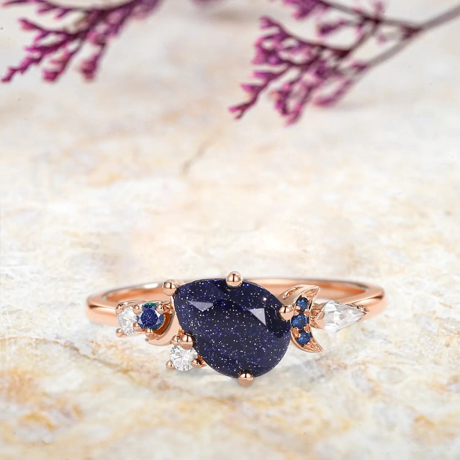 Crescent Moon Blue Sandstone Engagement Ring – Art Deco Cluster Rings for ladies anniversary gift