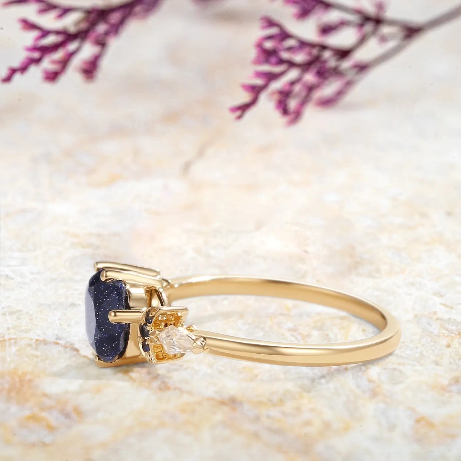 Crescent Moon Blue Sandstone Engagement Ring – Art Deco Cluster Rings for ladies anniversary gift