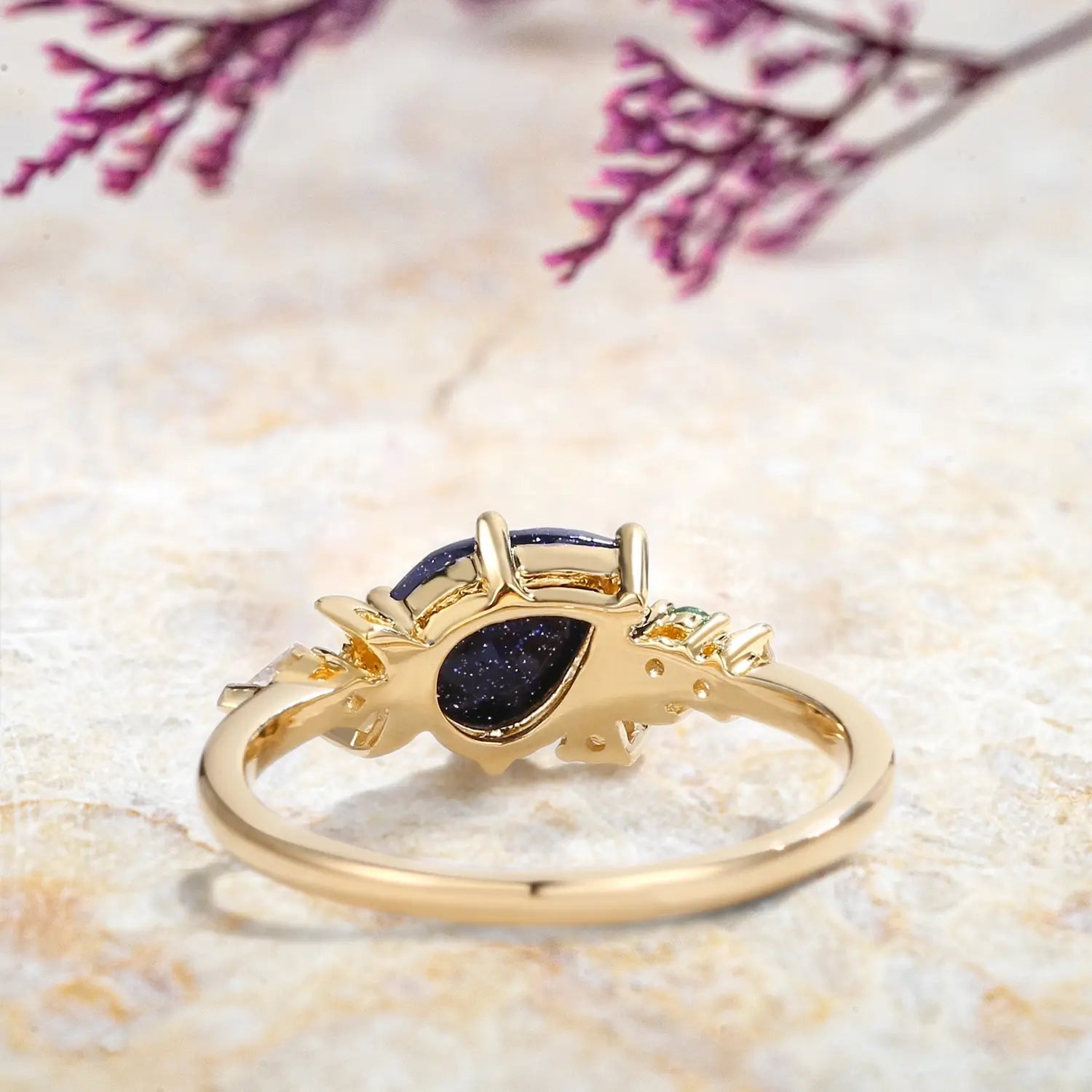 Crescent Moon Blue Sandstone Engagement Ring – Art Deco Cluster Rings for ladies anniversary gift
