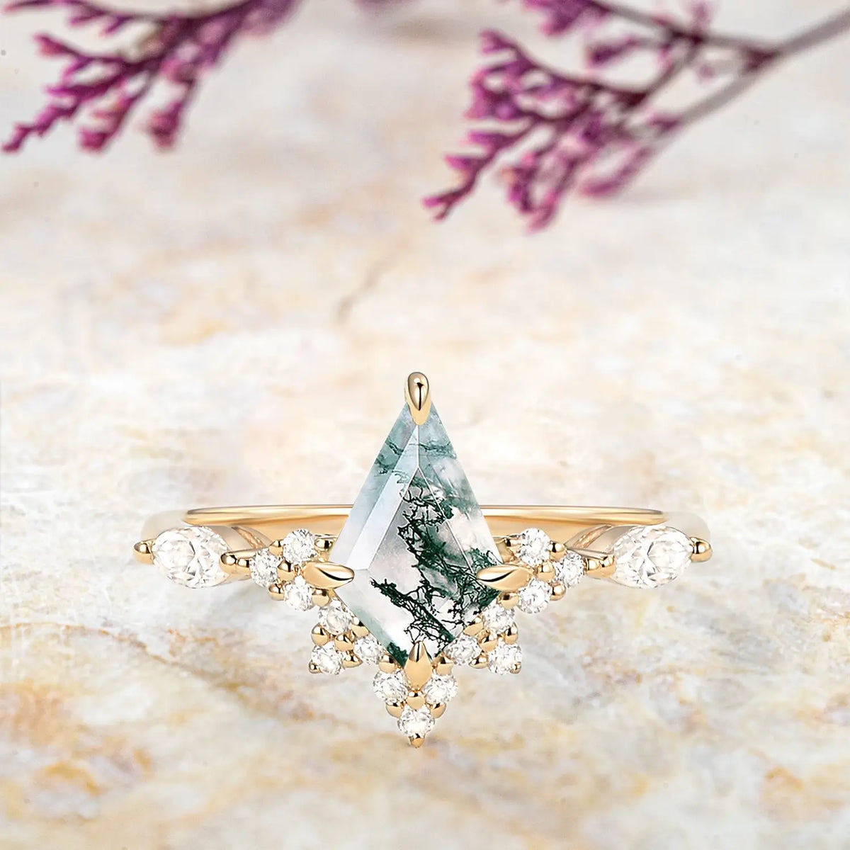 Unique Kite Cut Moss Agate Engagement Ring – Cluster Rings 18K promise rings