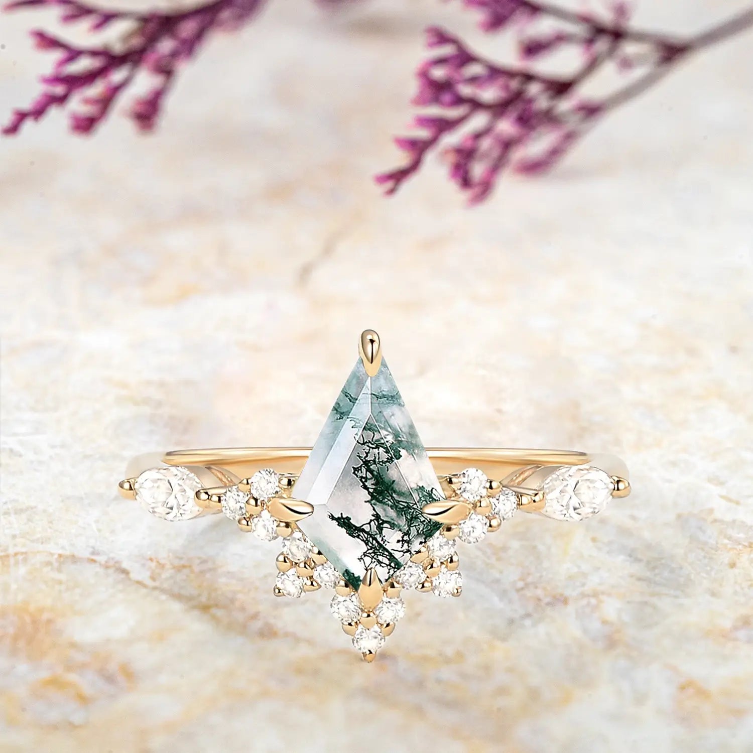 Unique Kite Cut Moss Agate Engagement Ring – Cluster Rings 18K promise rings