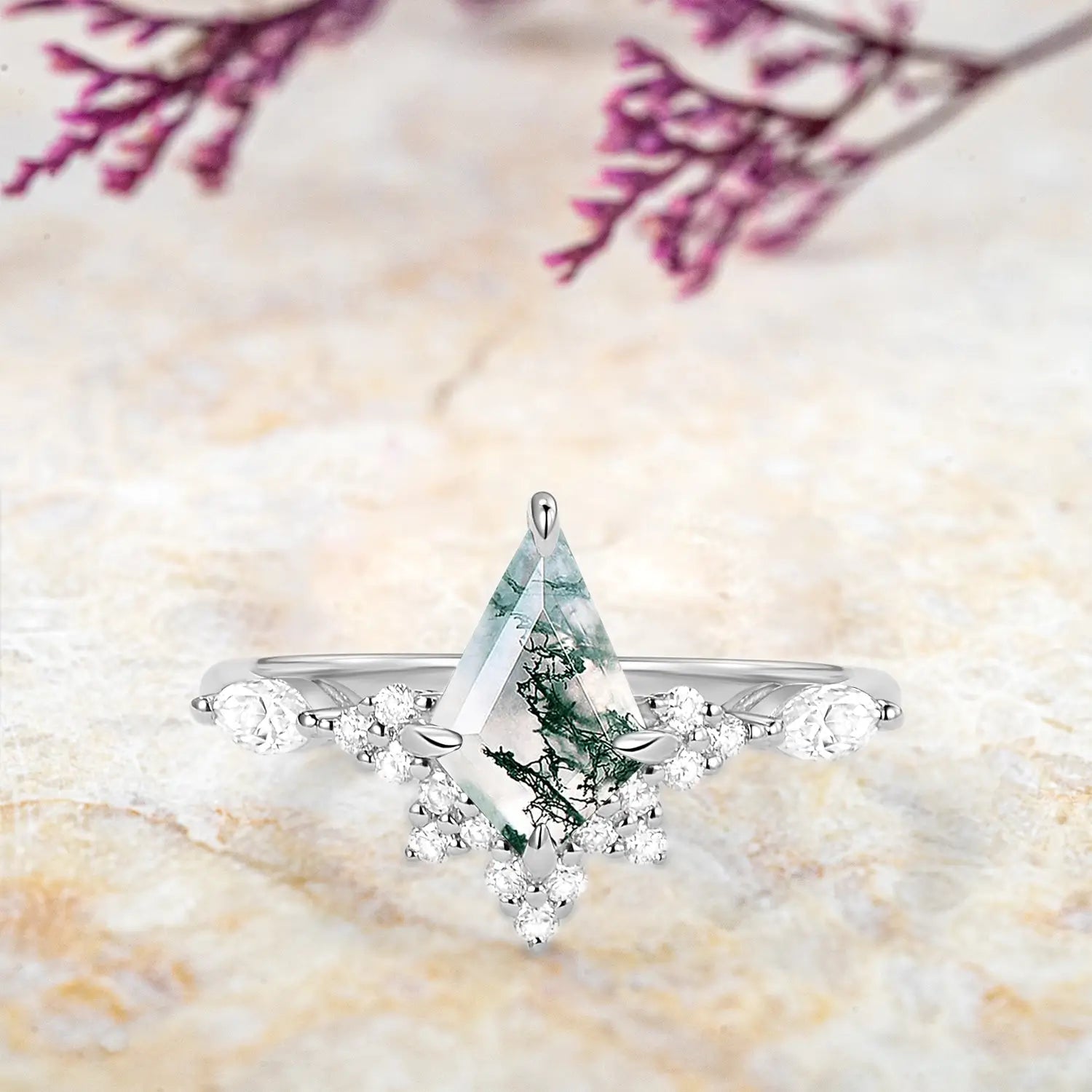 Unique Kite Cut Moss Agate Engagement Ring – Cluster Rings 18K promise rings