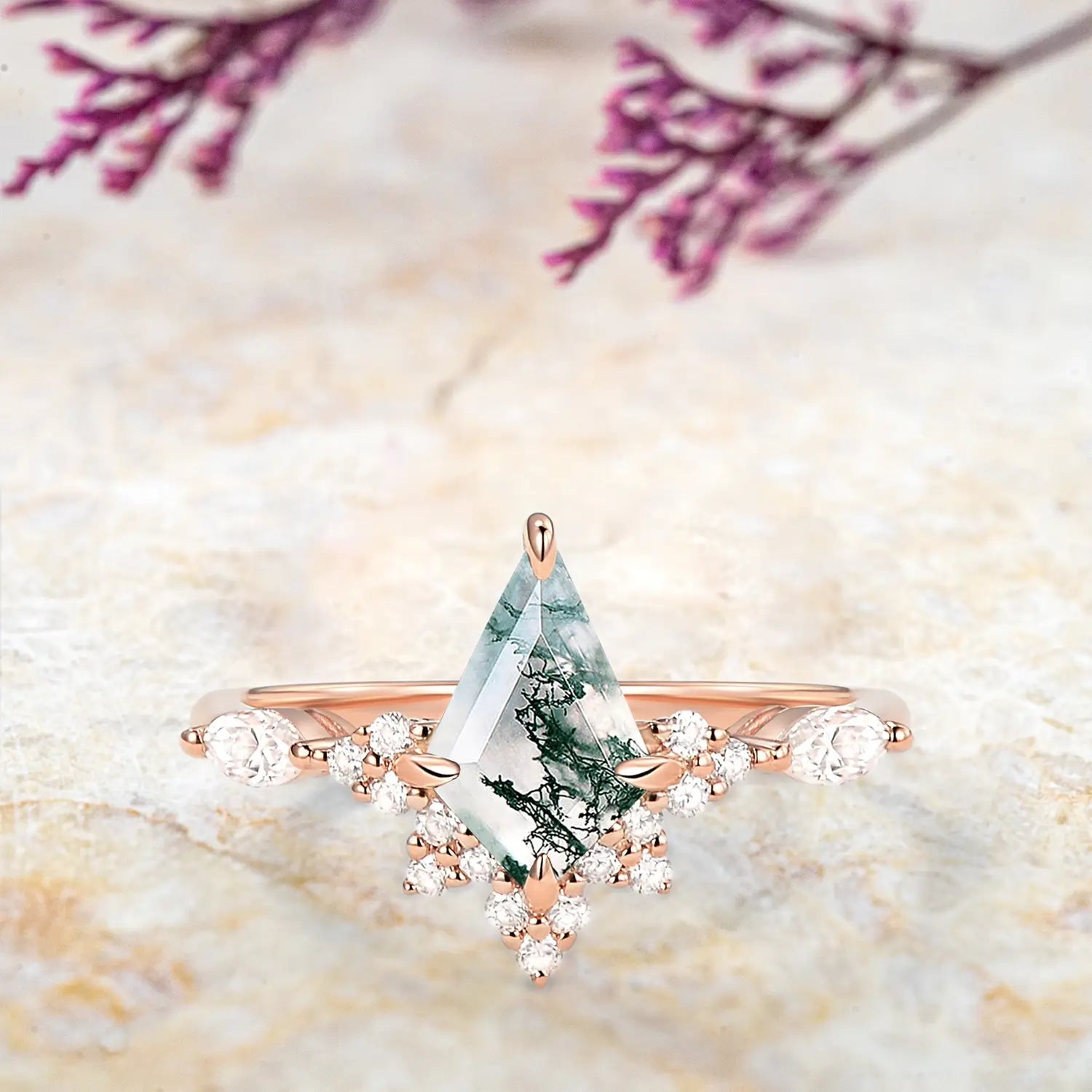 Unique Kite Cut Moss Agate Engagement Ring – Cluster Rings 18K promise rings