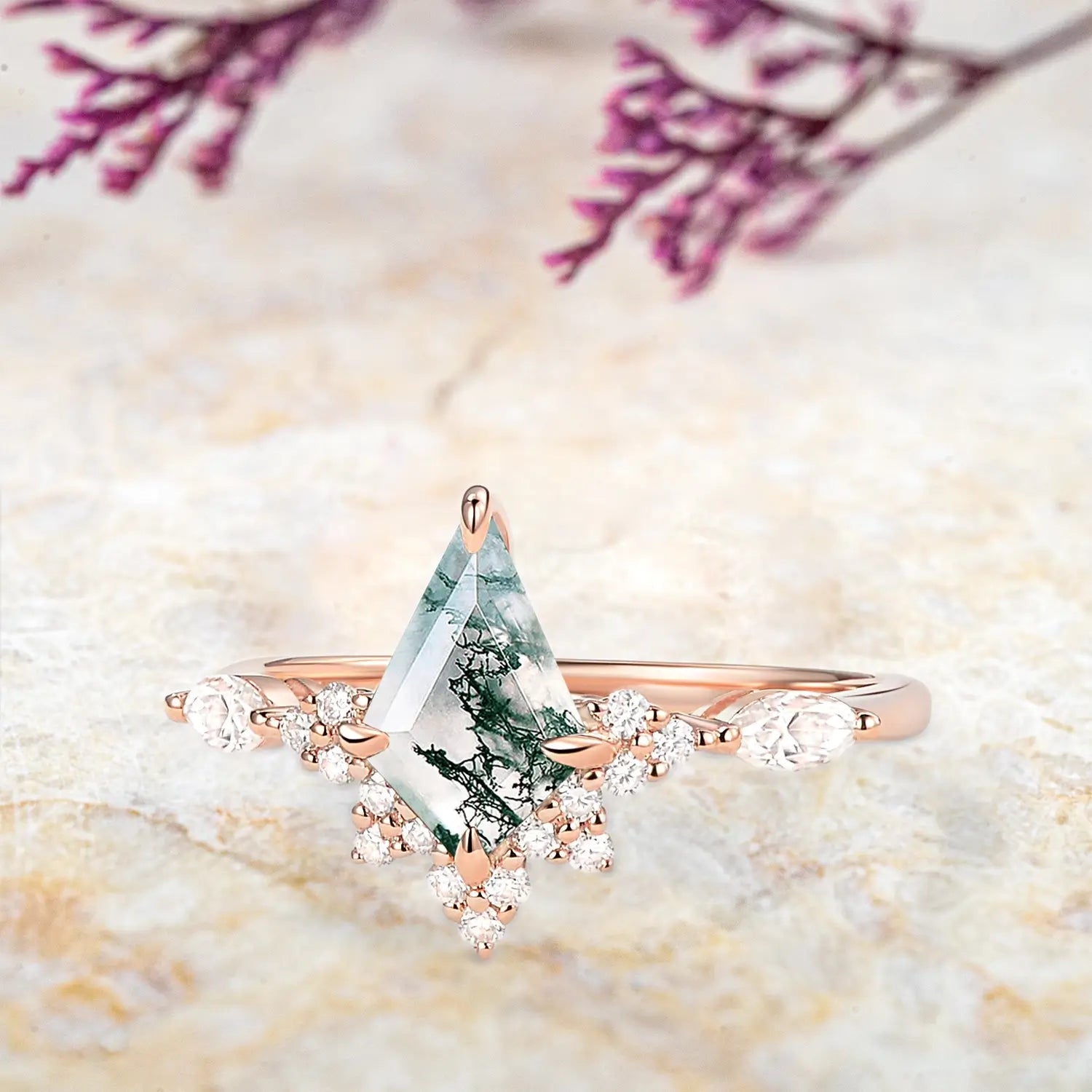 Unique Kite Cut Moss Agate Engagement Ring – Cluster Rings 18K promise rings