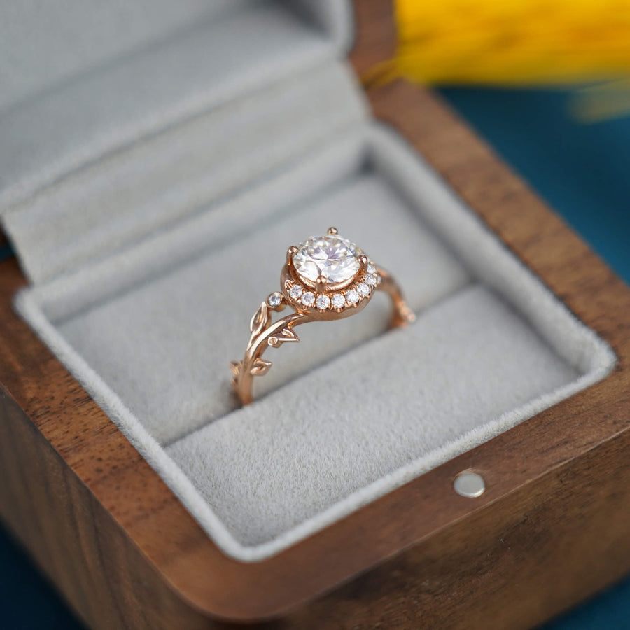 custom jewelry Moissanite Ring Halo Leaf Engagement Rings Nature-Inspired | Orleone