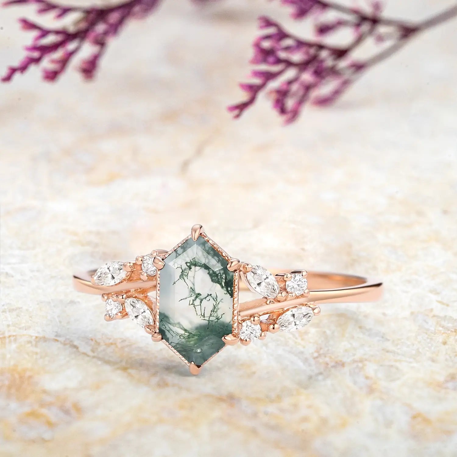Long Hexagon Moss Agate Engagement Ring – Leaf Rings Art Jewelry for ladies gift | orleone