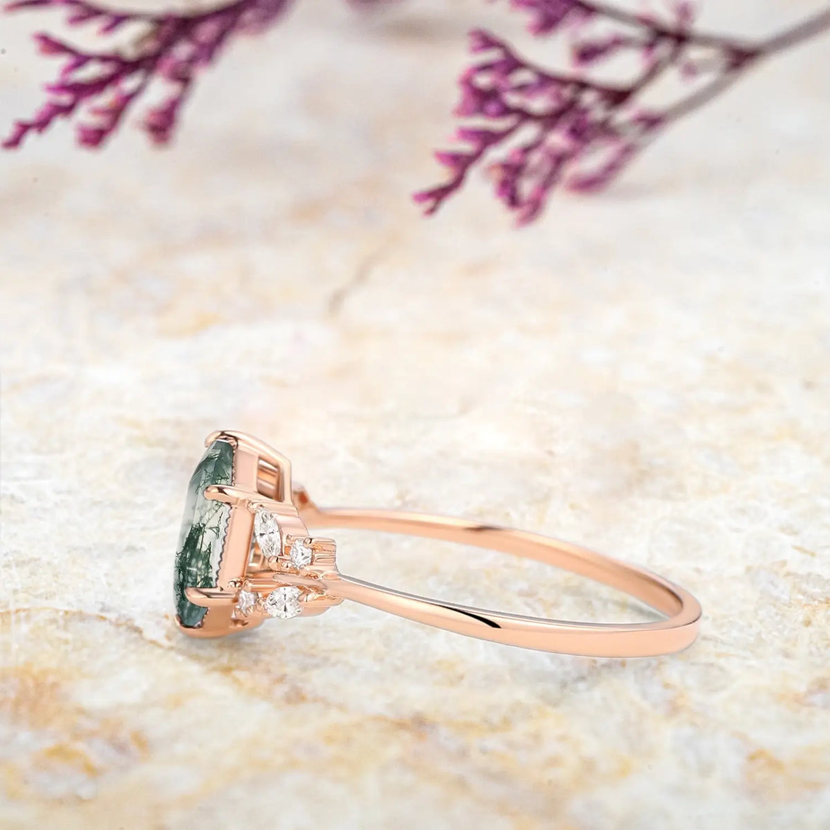 Long Hexagon Moss Agate Engagement Ring – Leaf Rings Art Jewelry for ladies gift | orleone
