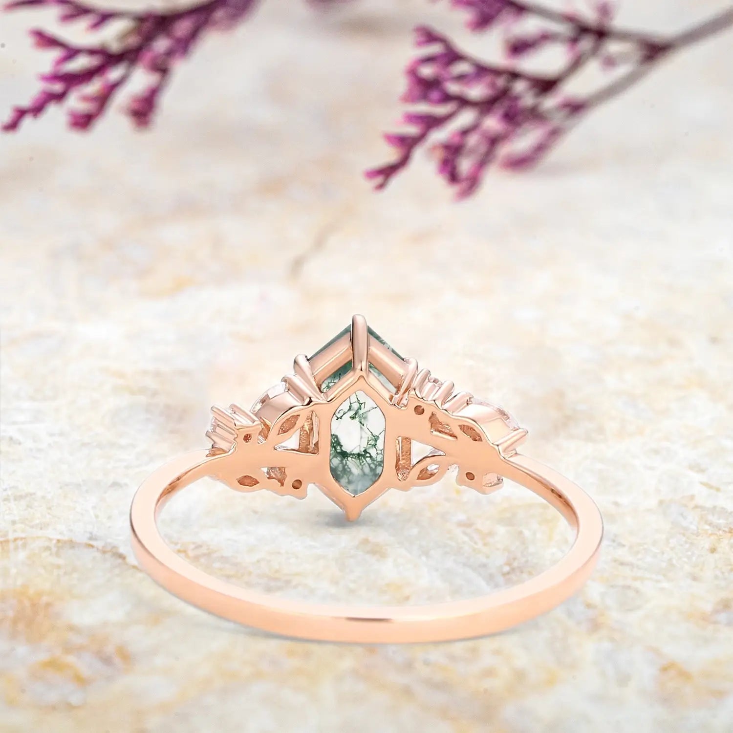 Long Hexagon Moss Agate Engagement Ring – Leaf Rings Art Jewelry for ladies gift | orleone