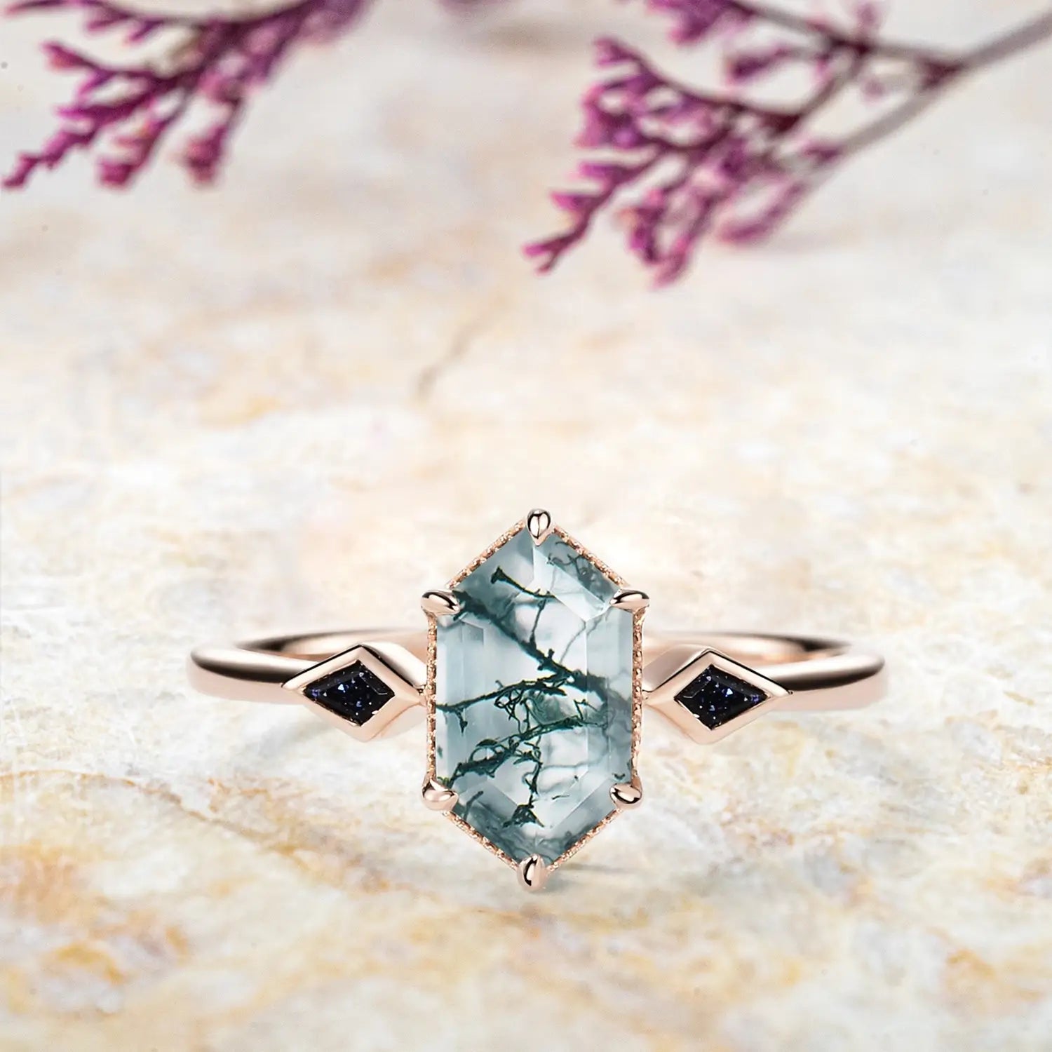 Long Hexagon Moss Agate Engagement Rings – Minimalist Three-Stone Ring