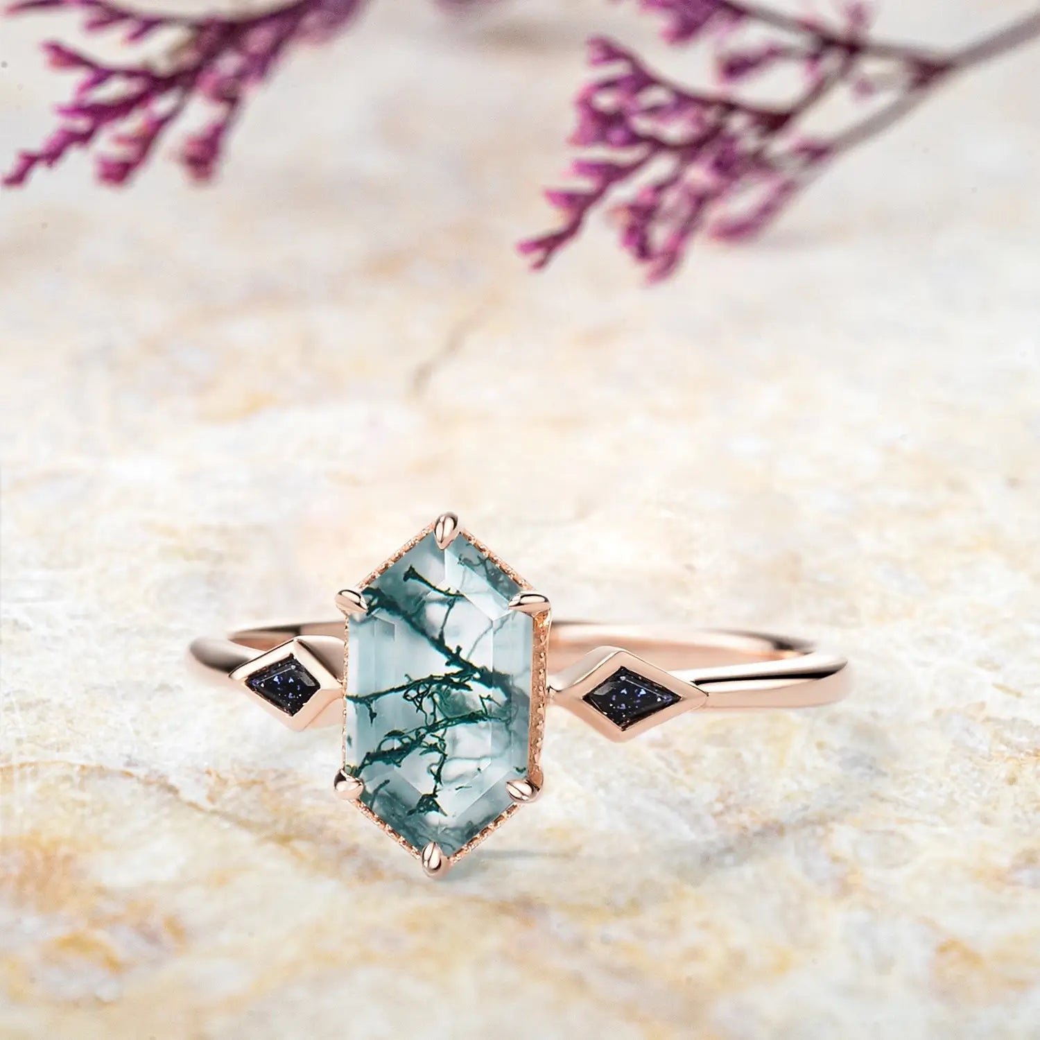 Long Hexagon Moss Agate Engagement Rings – Minimalist Three-Stone Ring