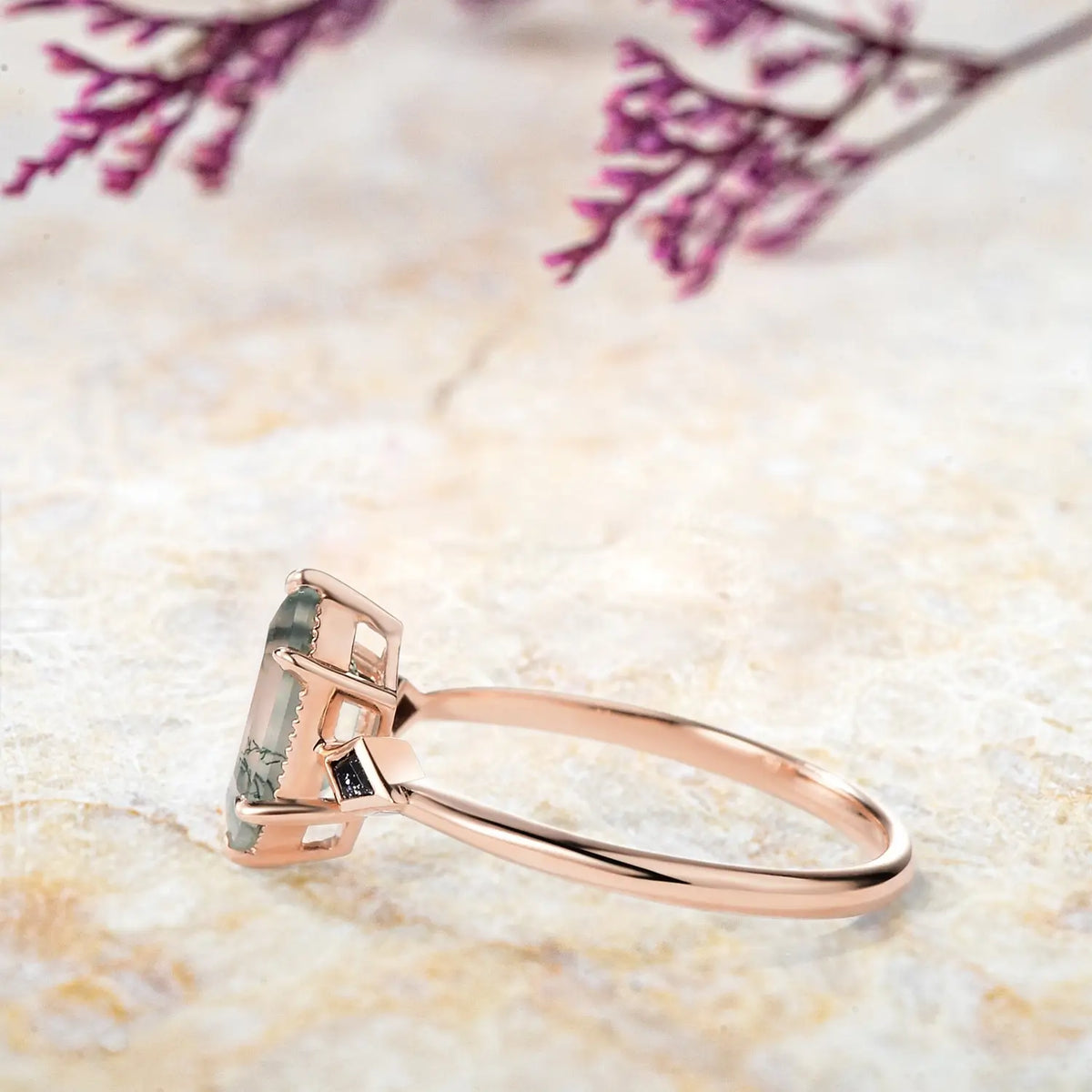 Long Hexagon Moss Agate Engagement Rings – Minimalist Three-Stone Ring