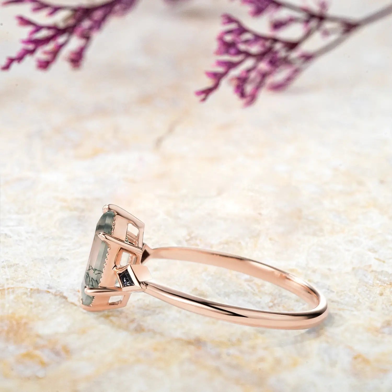 Long Hexagon Moss Agate Engagement Rings – Minimalist Three-Stone Ring