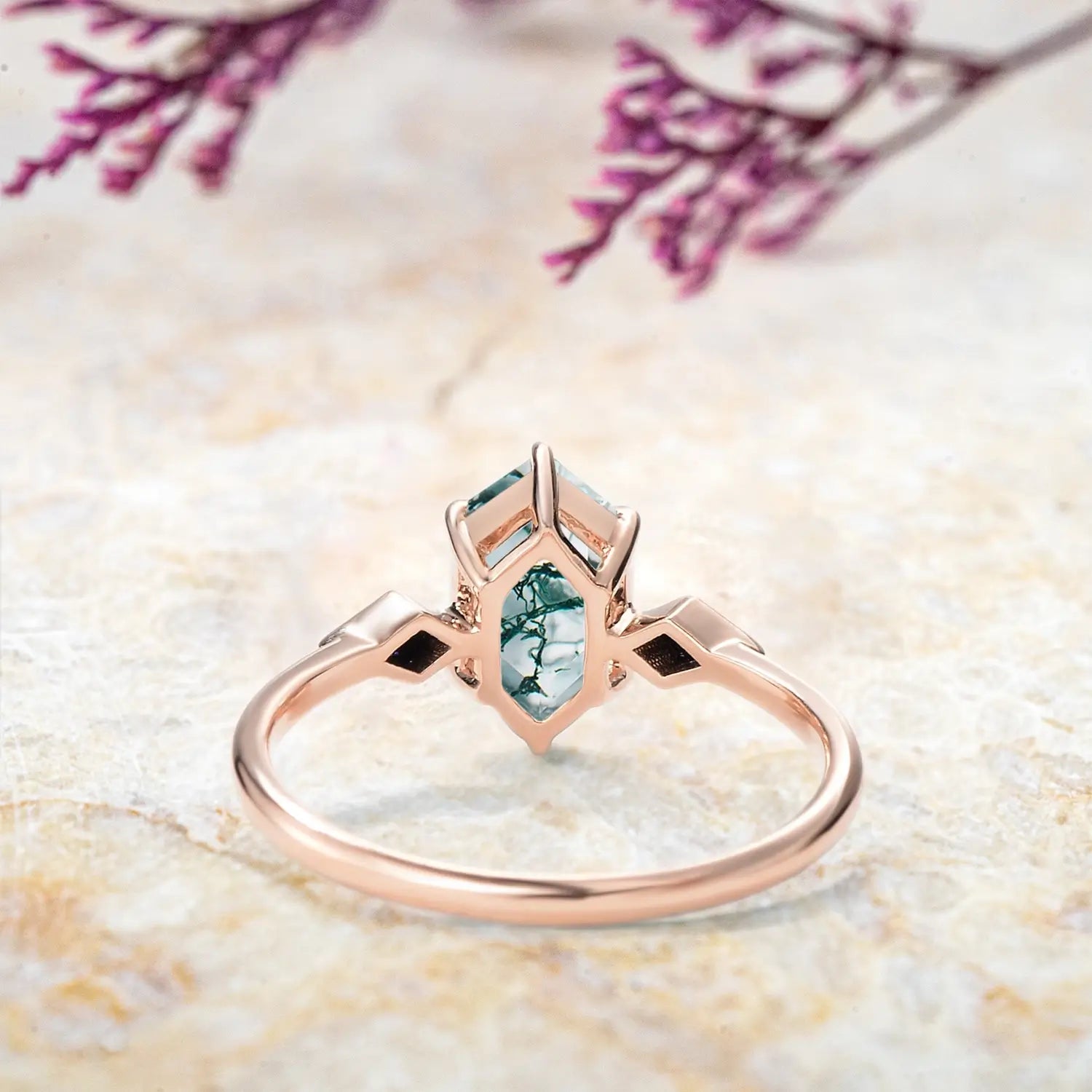 Long Hexagon Moss Agate Engagement Rings – Minimalist Three-Stone Ring