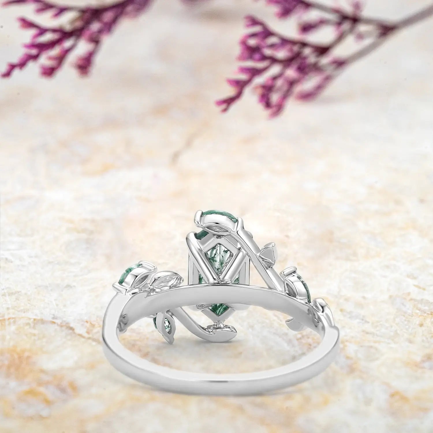 White Gold Rings Moss Agate Leaf Engagement Ring - Nature Inspired Jewelry custom anniversary gift